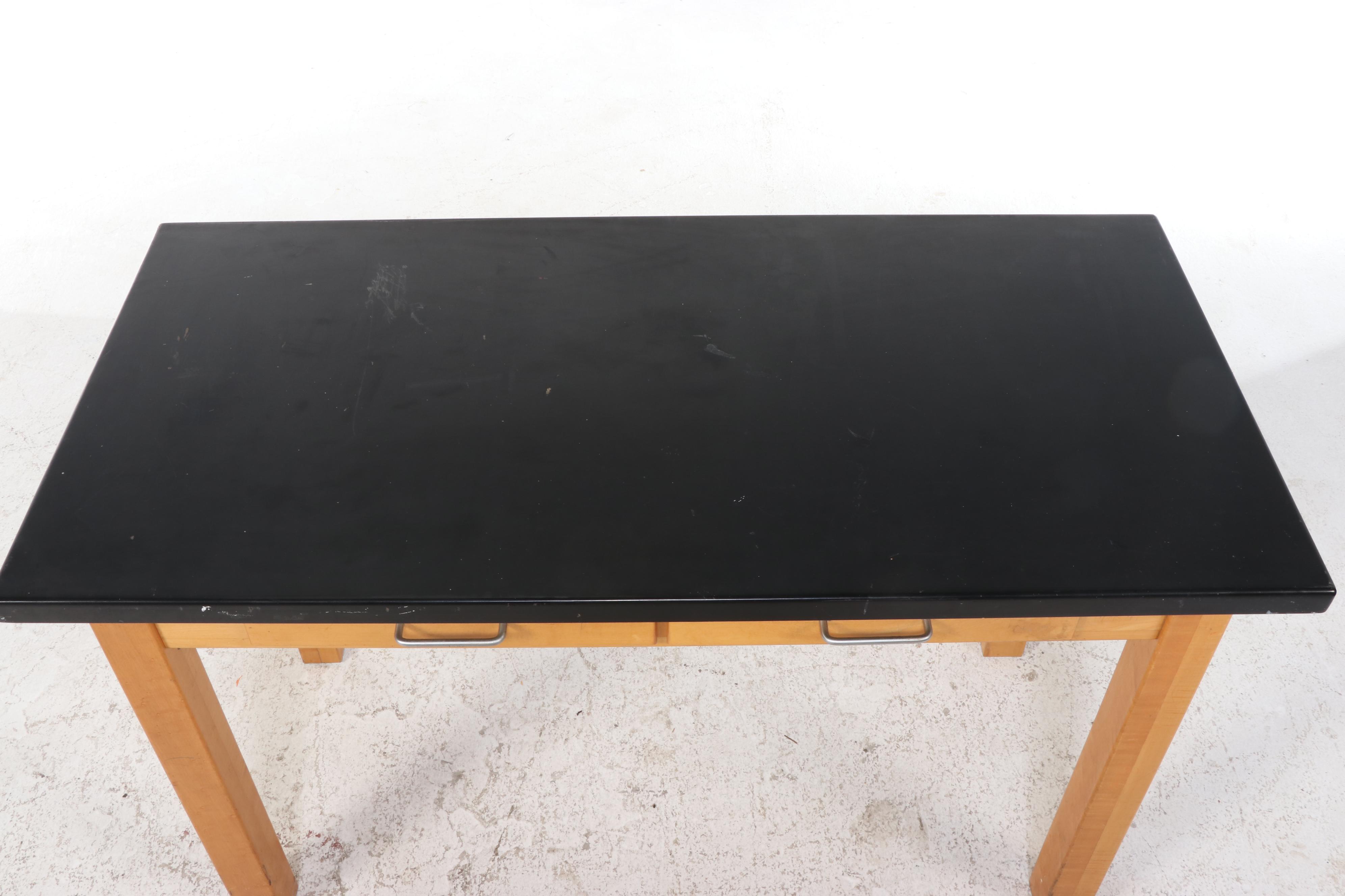 Figured Maple and Black Laminate Two-Drawer Work Table