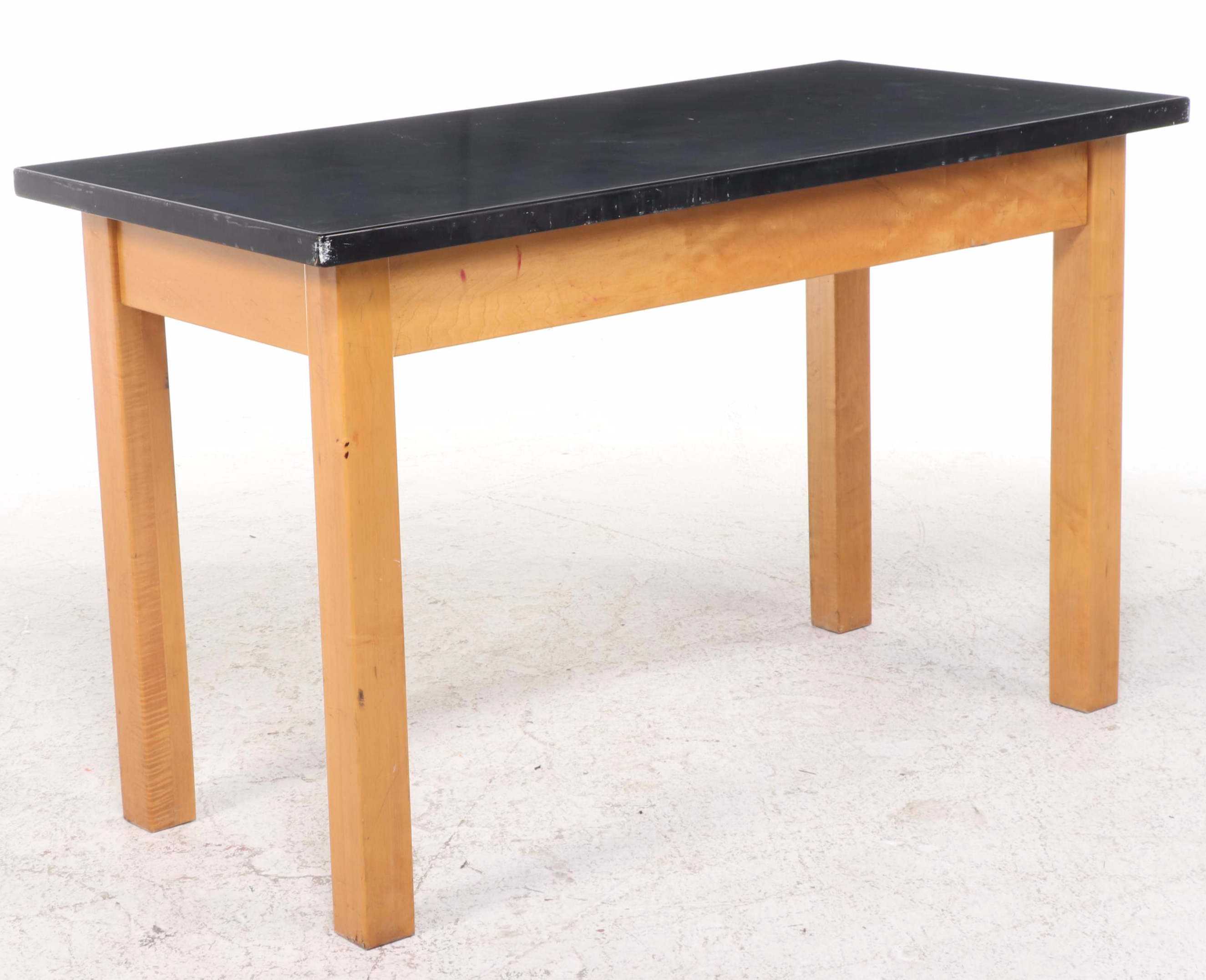 Figured Maple and Black Laminate Two-Drawer Work Table