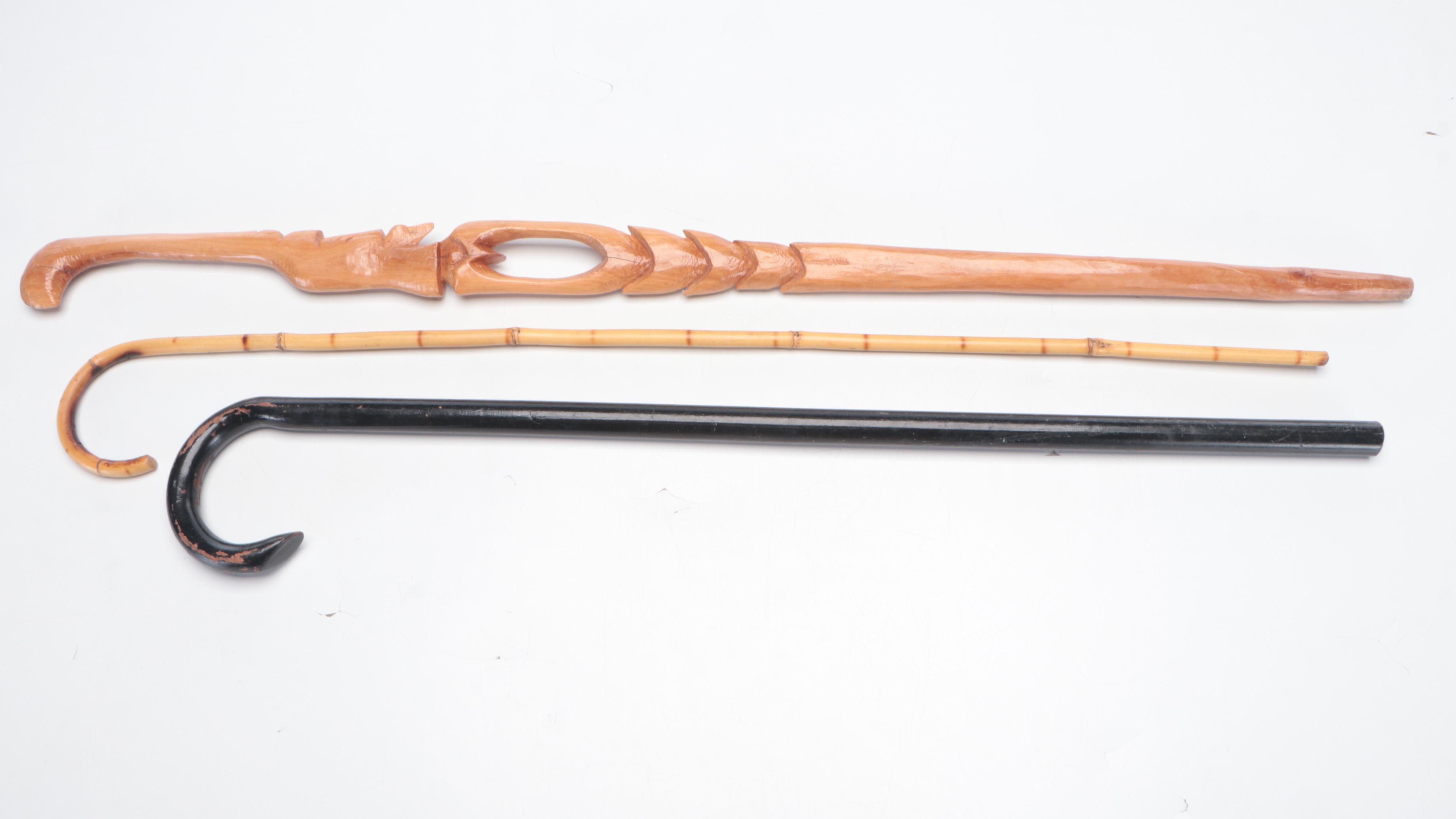 African Figural Carved Wood Walking Stick with Ebonized Wood & Bamboo Canes