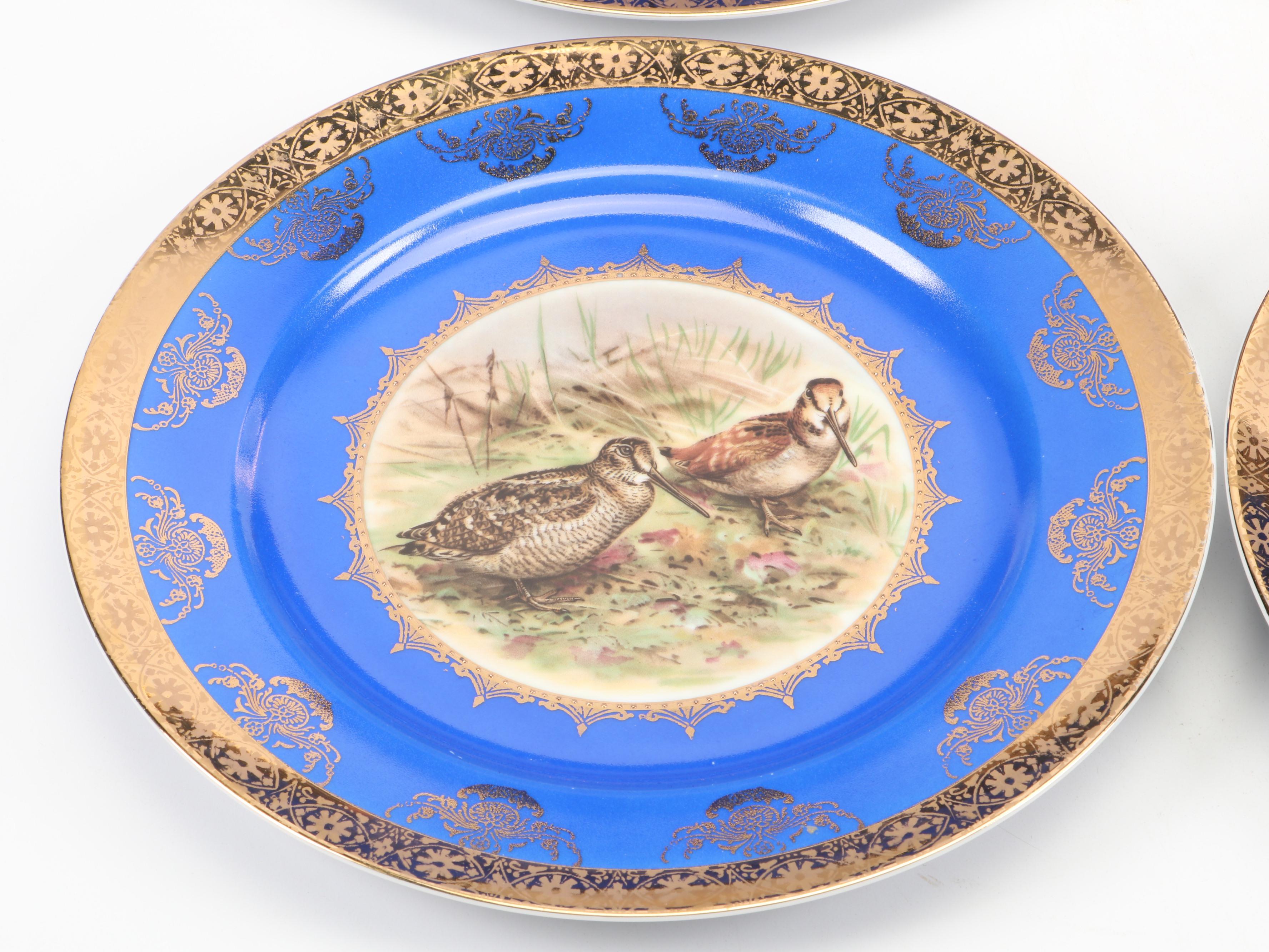 German STW Bavaria Gilt and Cobalt Ceramic Dinner Plates with Bird Motifs