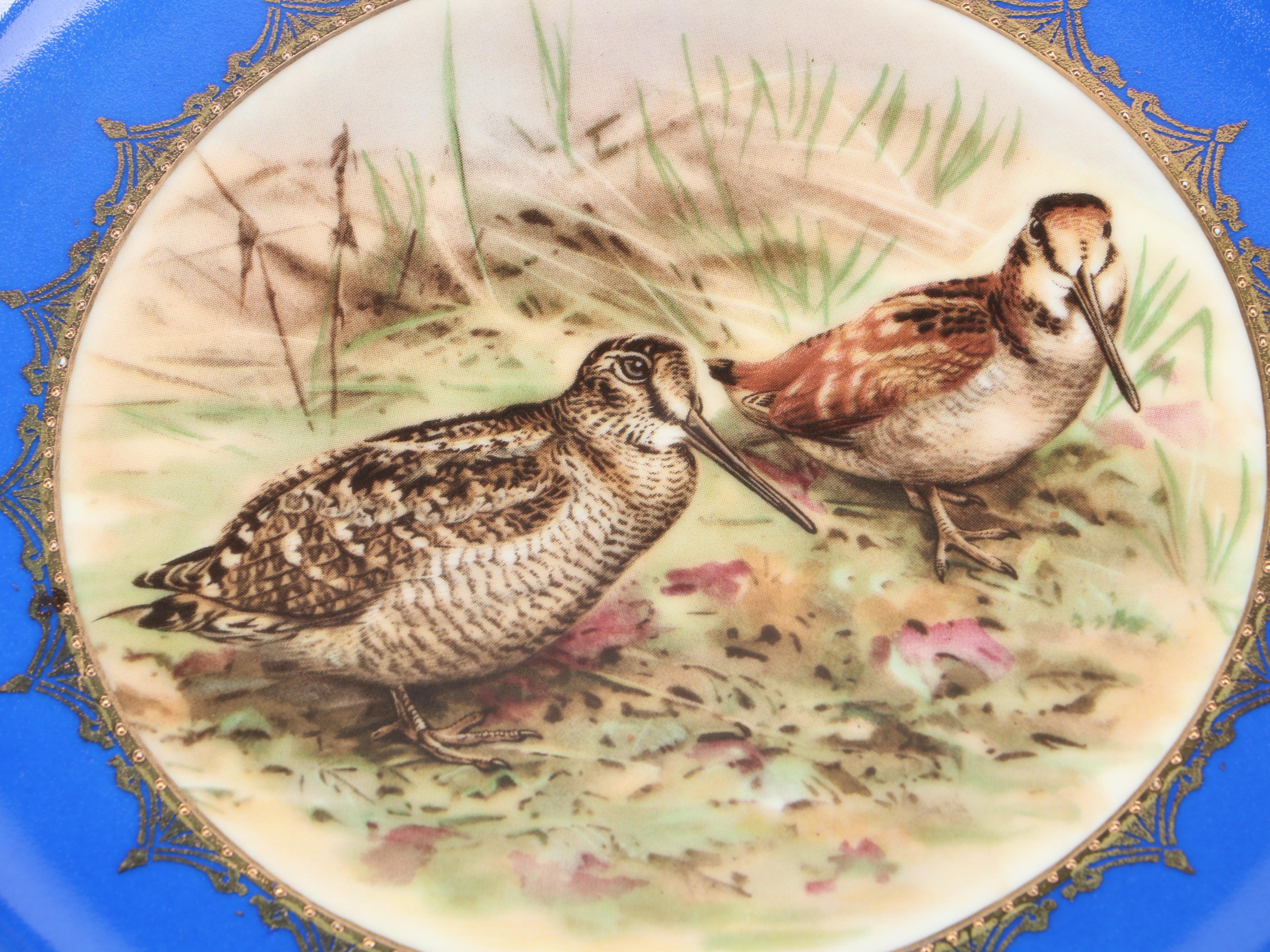 German STW Bavaria Gilt and Cobalt Ceramic Dinner Plates with Bird Motifs