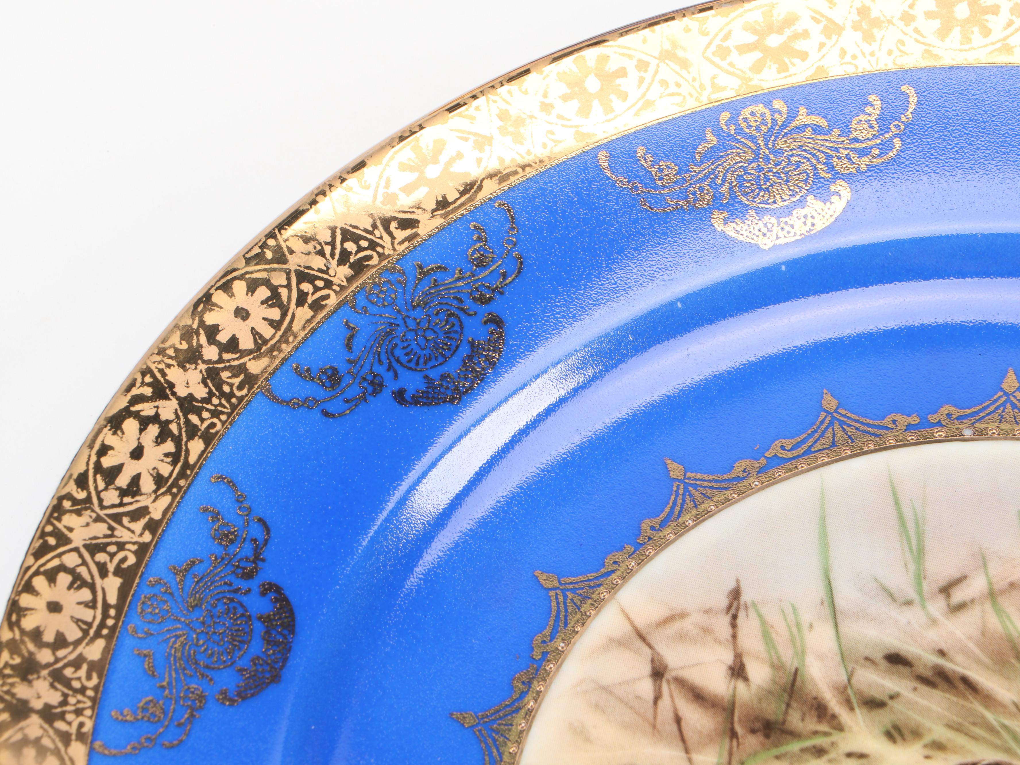 German STW Bavaria Gilt and Cobalt Ceramic Dinner Plates with Bird Motifs