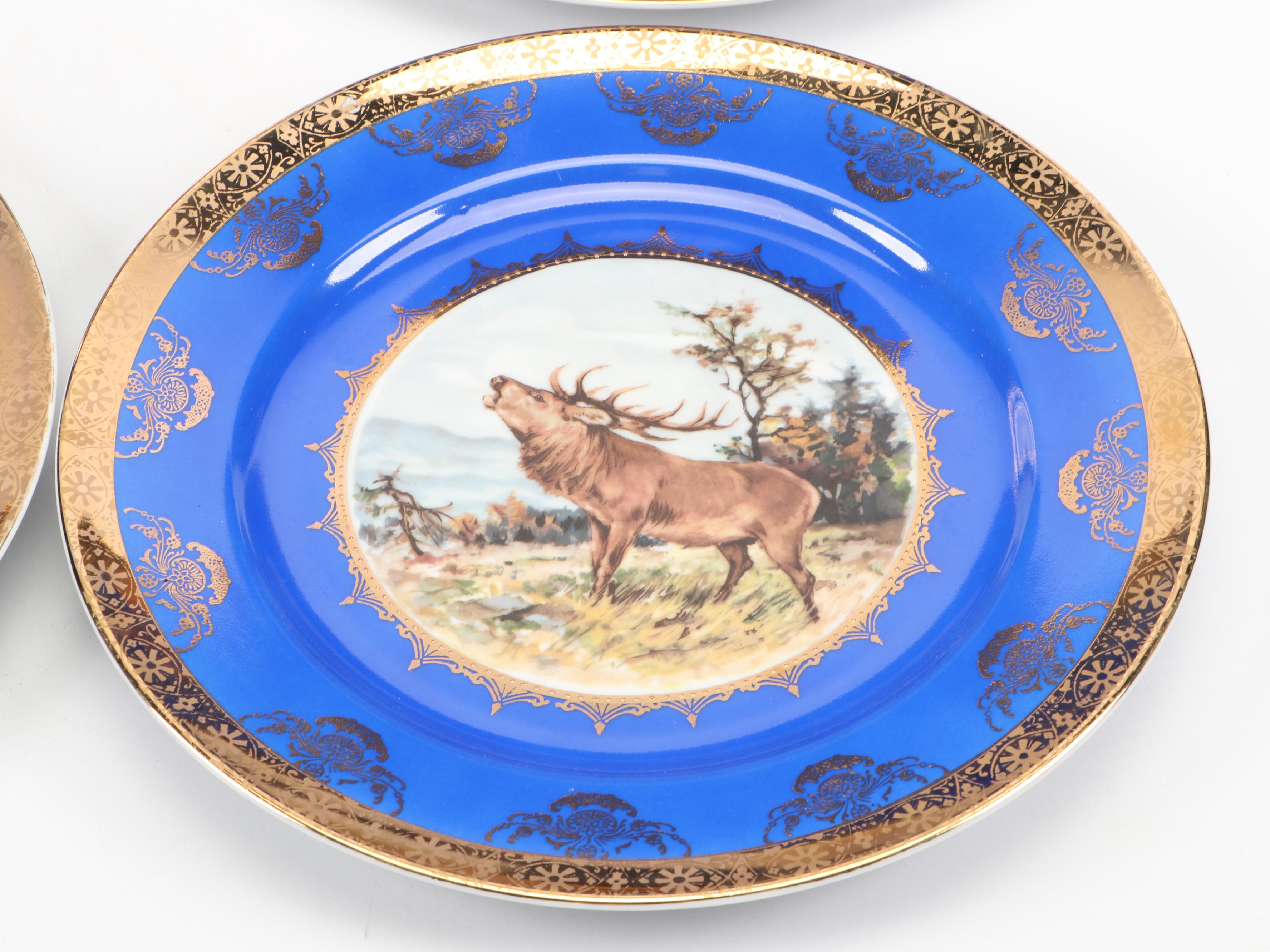 German STW Bavaria Gilt and Cobalt Ceramic Dinner Plates with Bird Motifs