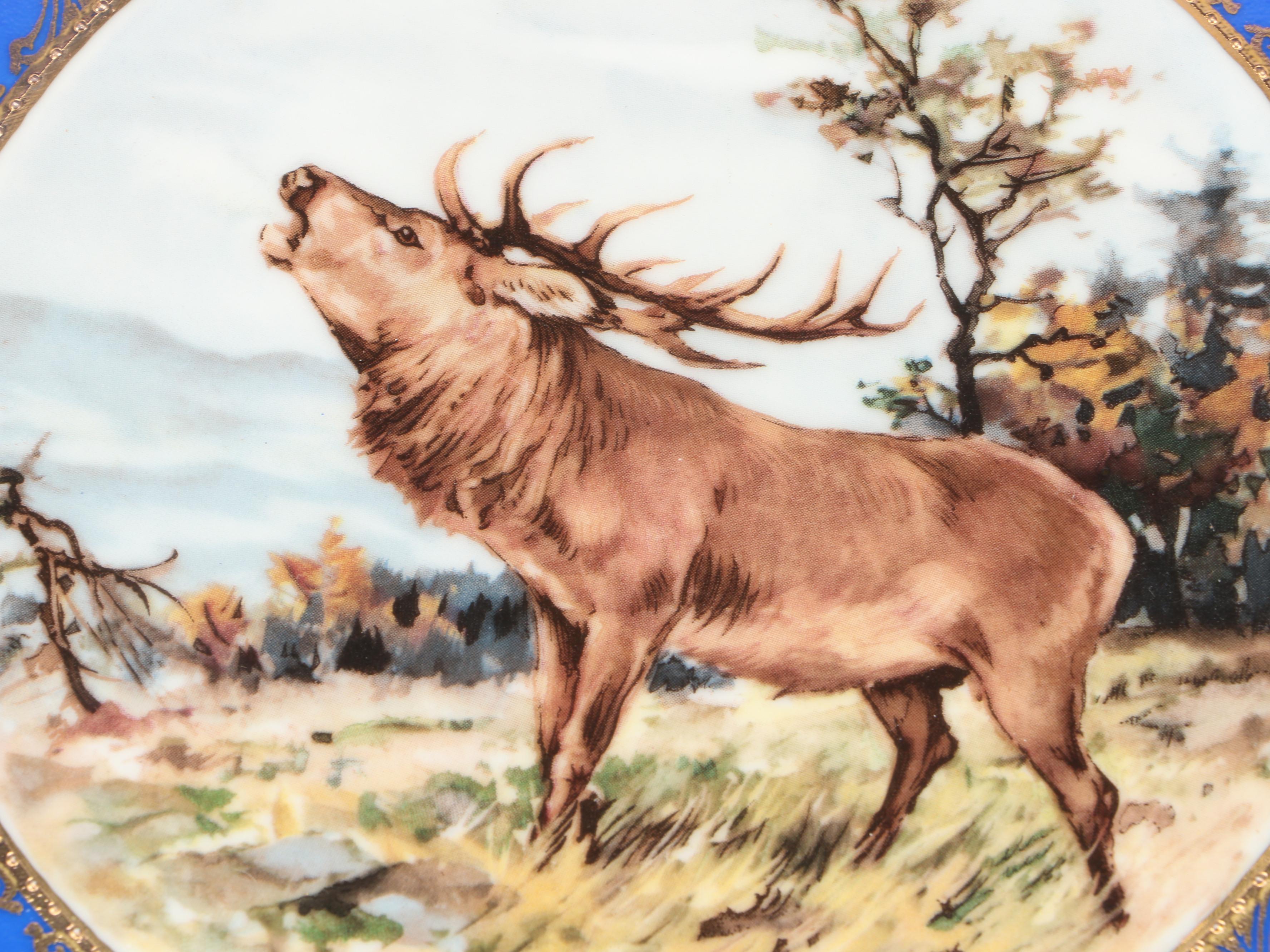 German STW Bavaria Gilt and Cobalt Ceramic Dinner Plates with Bird Motifs