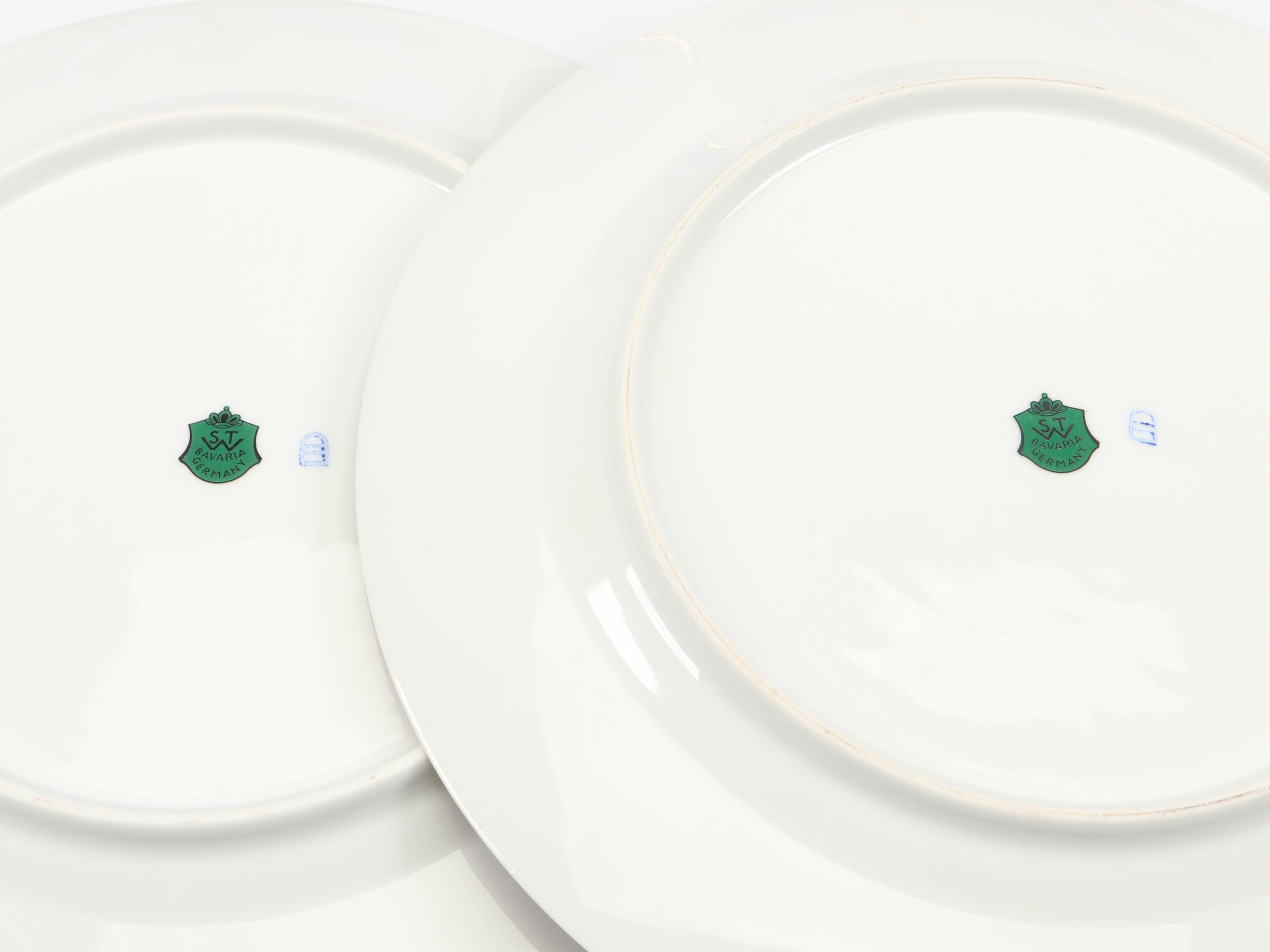 German STW Bavaria Gilt and Cobalt Ceramic Dinner Plates with Bird Motifs