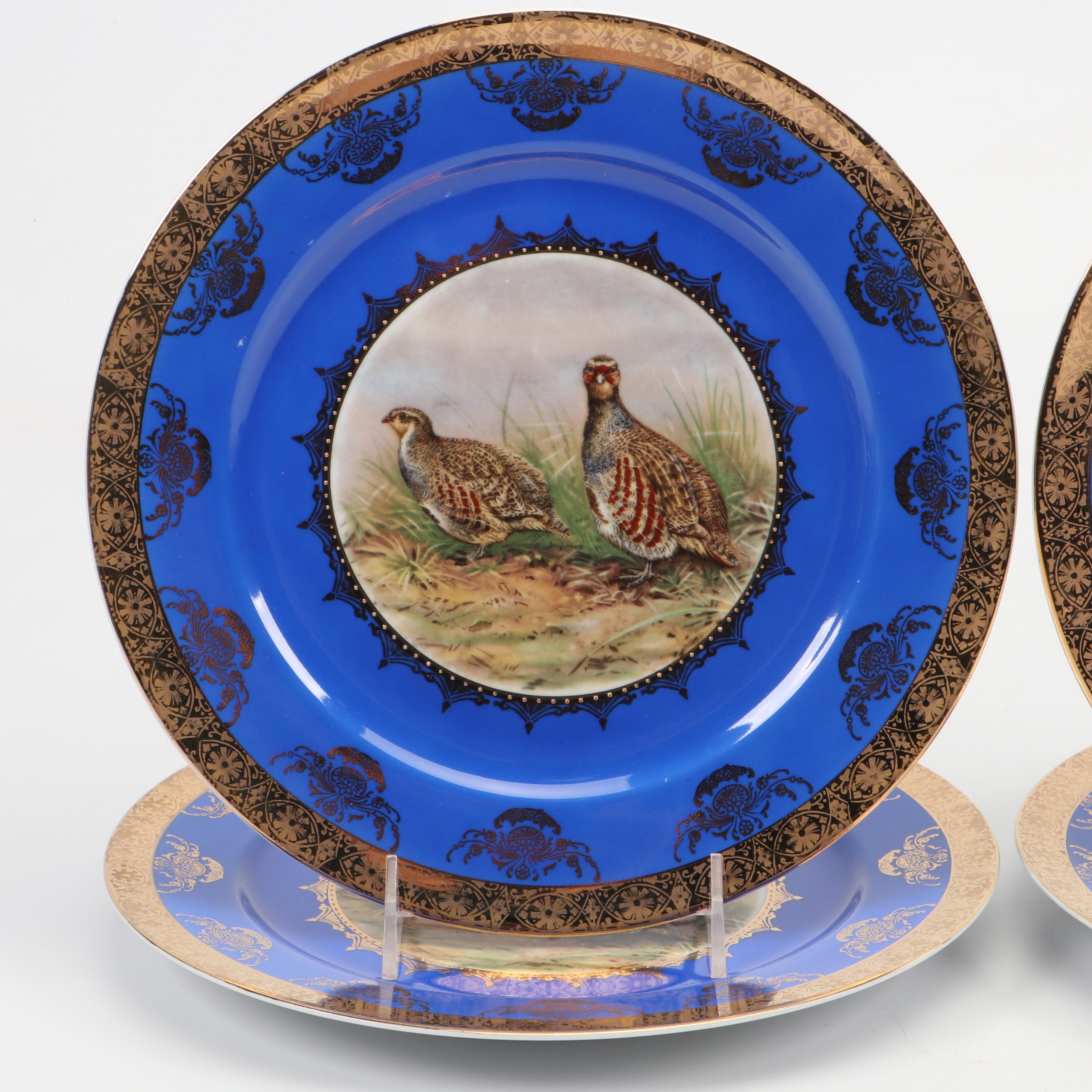 German STW Bavaria Gilt and Cobalt Ceramic Dinner Plates with Bird Motifs