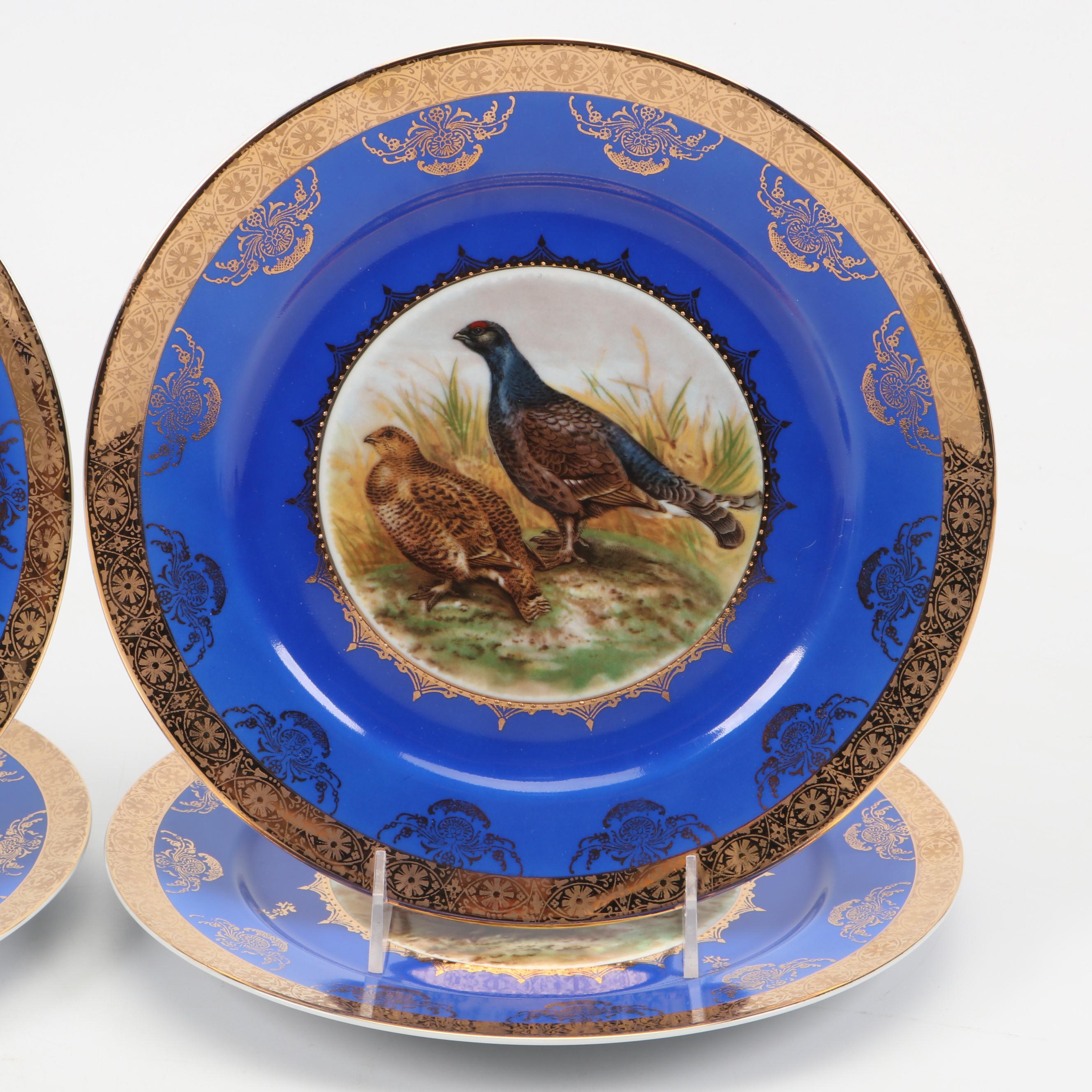 German STW Bavaria Gilt and Cobalt Ceramic Dinner Plates with Bird Motifs