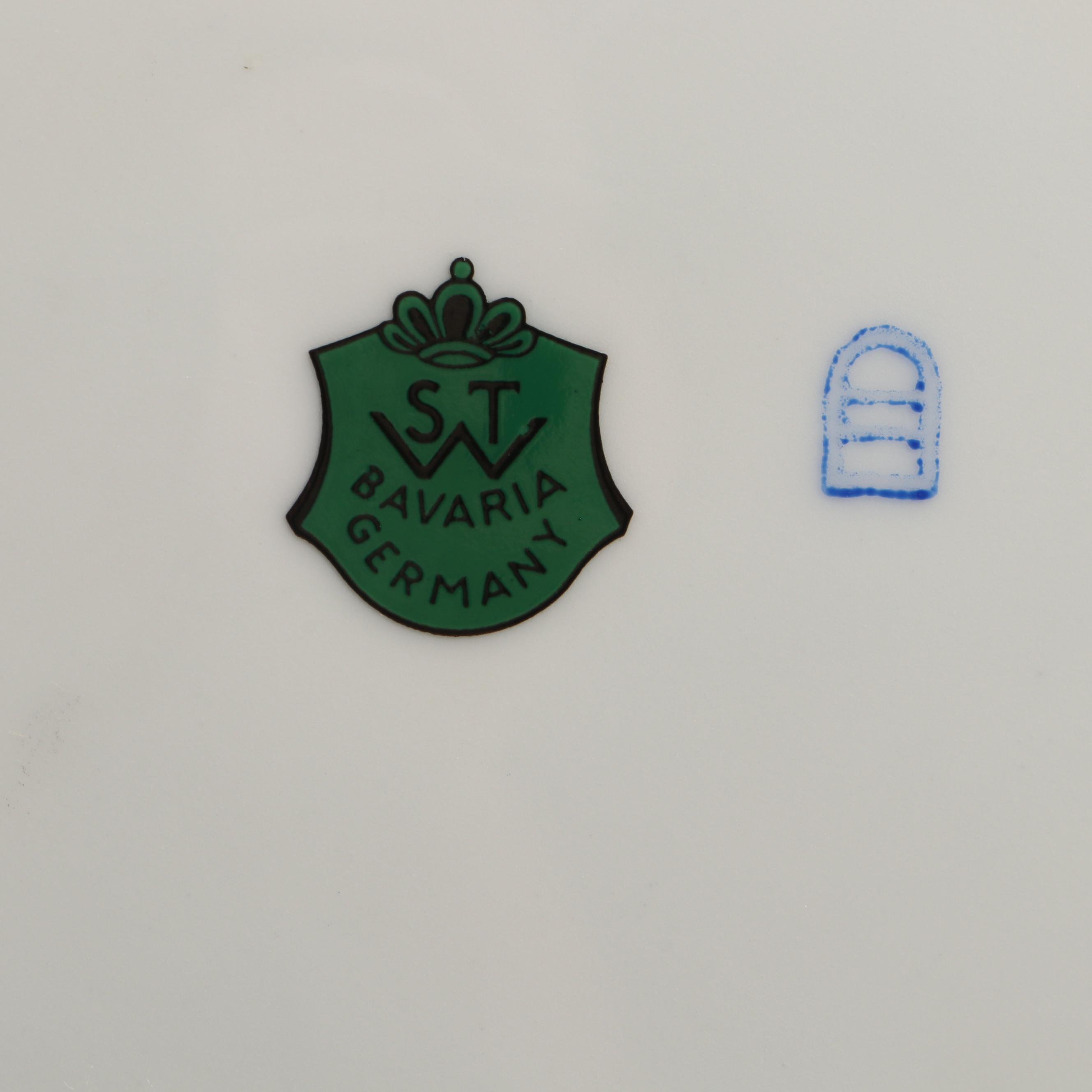 German STW Bavaria Gilt and Cobalt Ceramic Dinner Plates with Bird Motifs