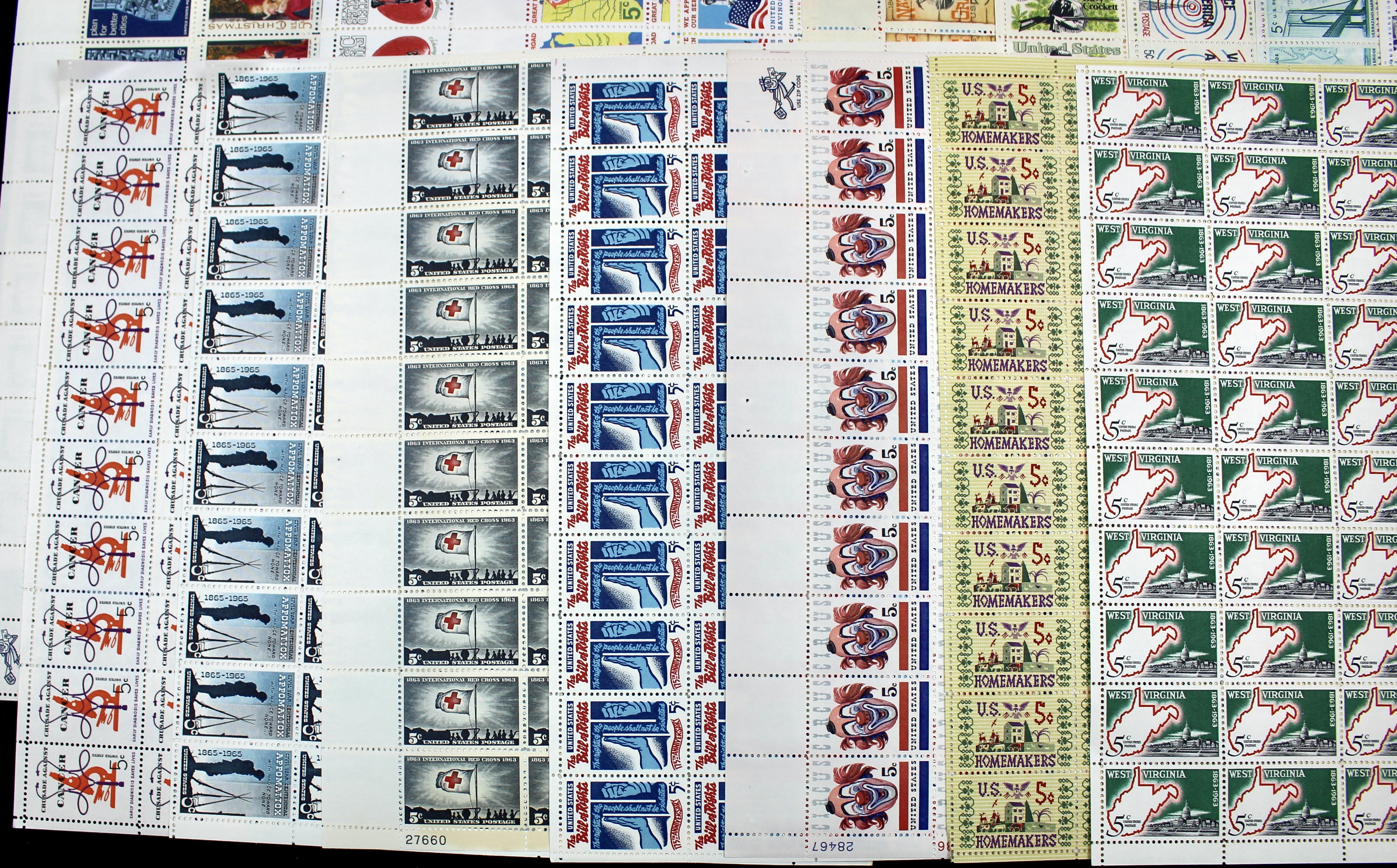 Thirty-Seven Different U.S. 5-Cent Postage Stamp Sheets, 1960s