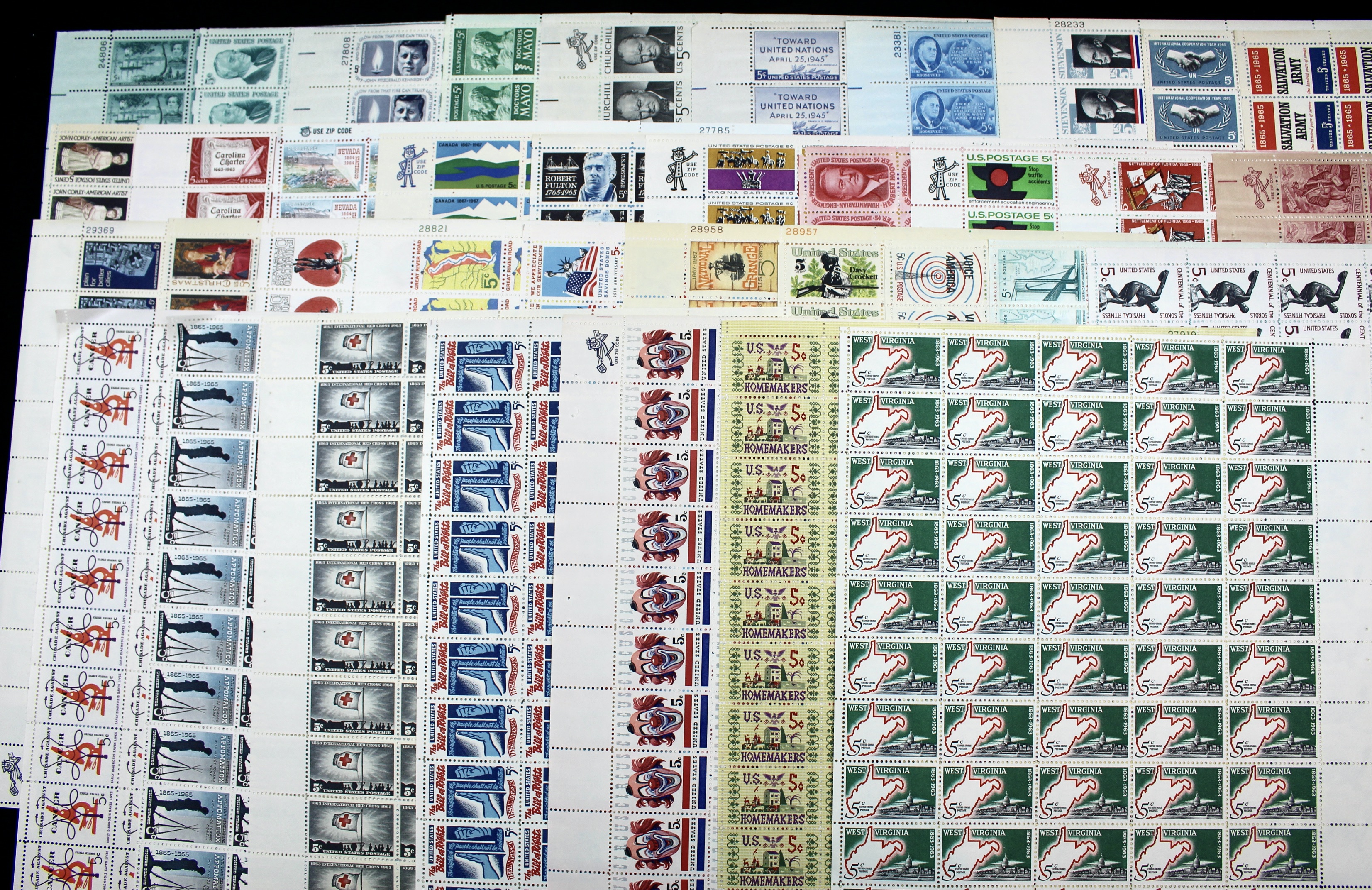 Thirty-Seven Different U.S. 5-Cent Postage Stamp Sheets, 1960s