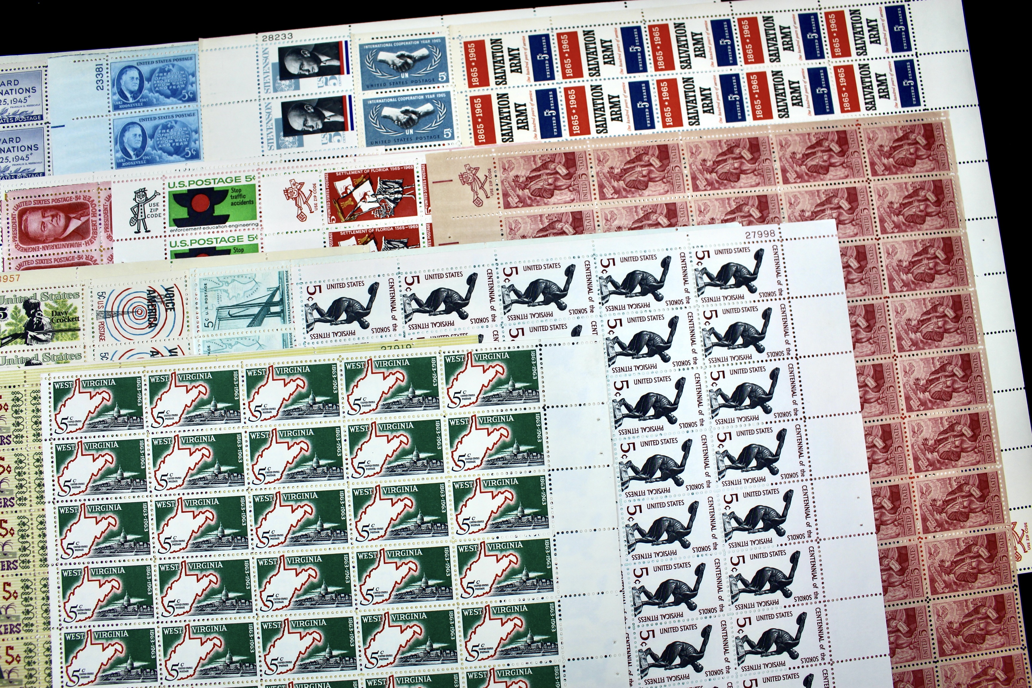 Thirty-Seven Different U.S. 5-Cent Postage Stamp Sheets, 1960s