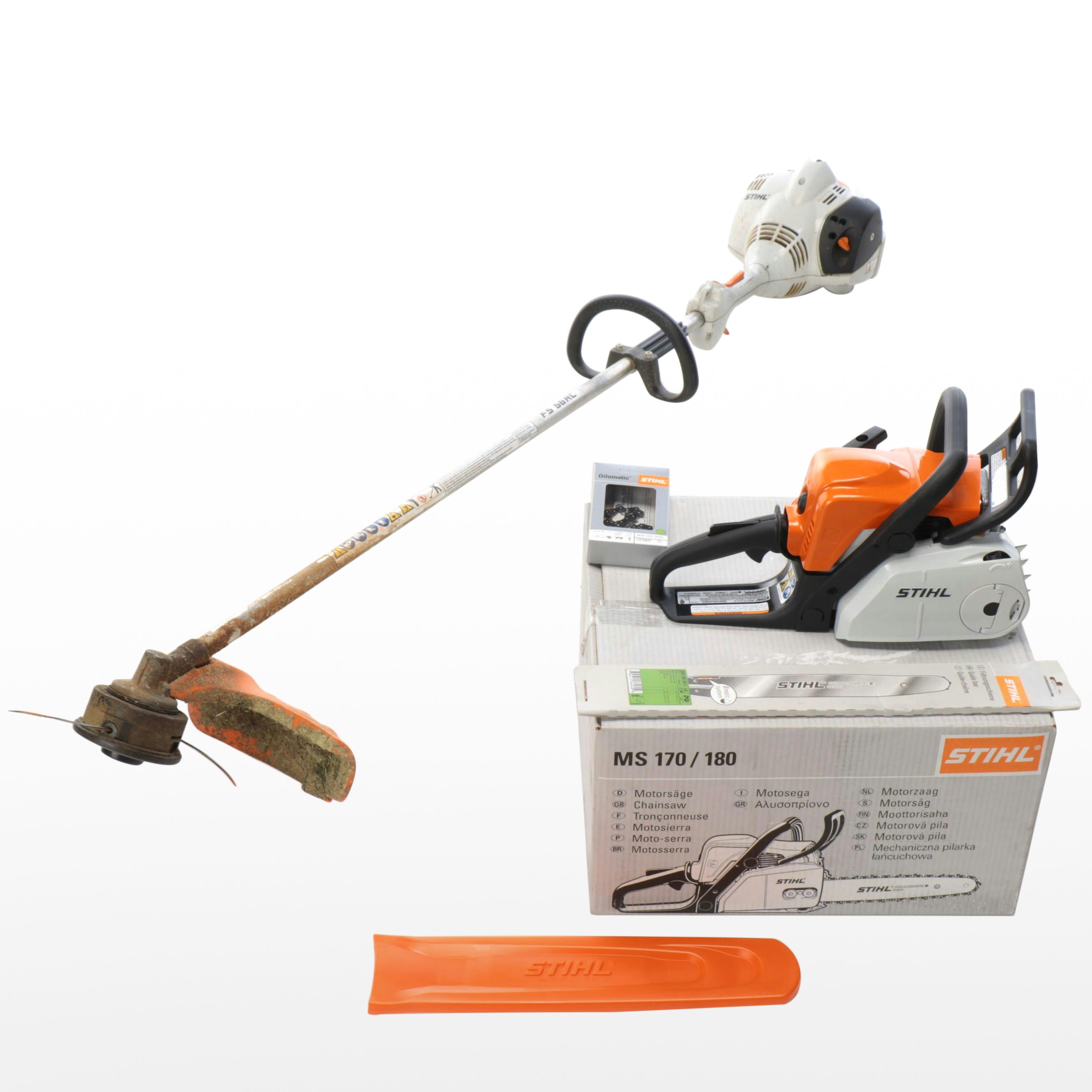STIHL MS 180C Chainsaw, String Trimmer, and Accessories
