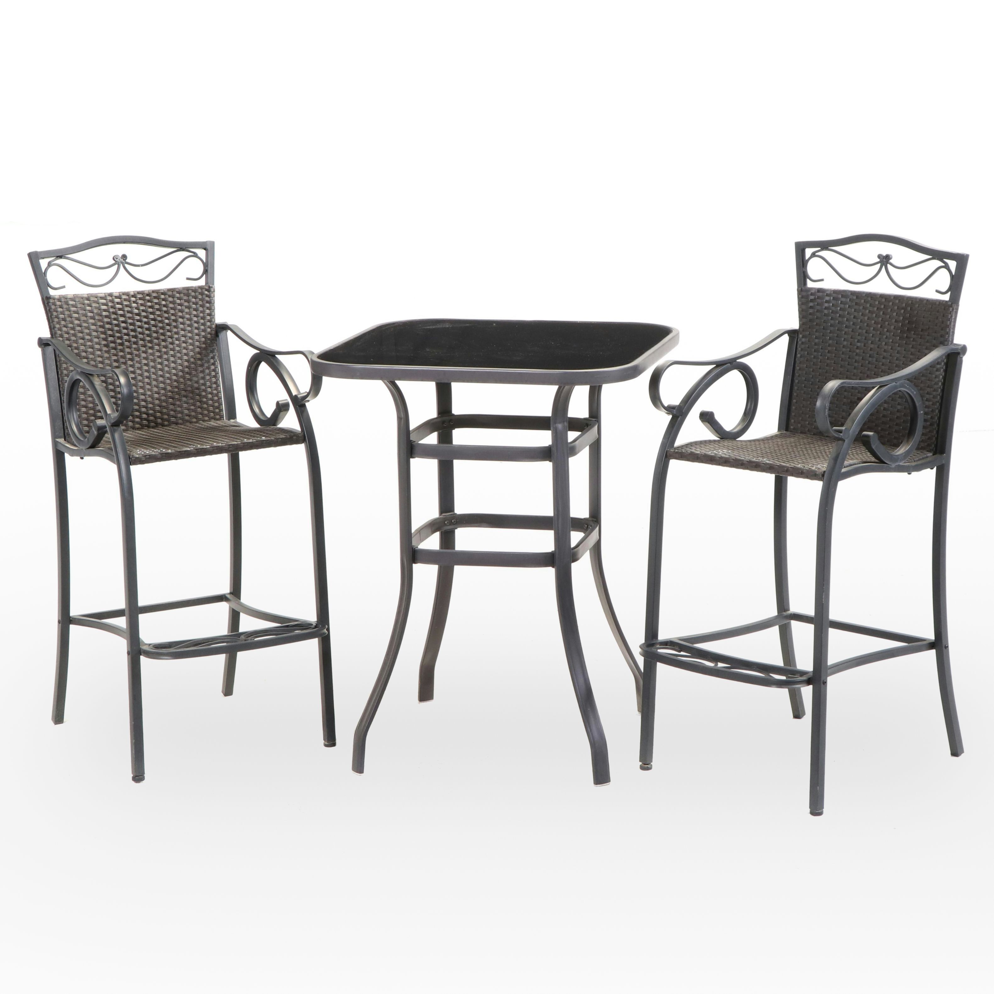 Three-Piece Powder-Coated Metal, Wicker, and Glass Top Patio Pub Set