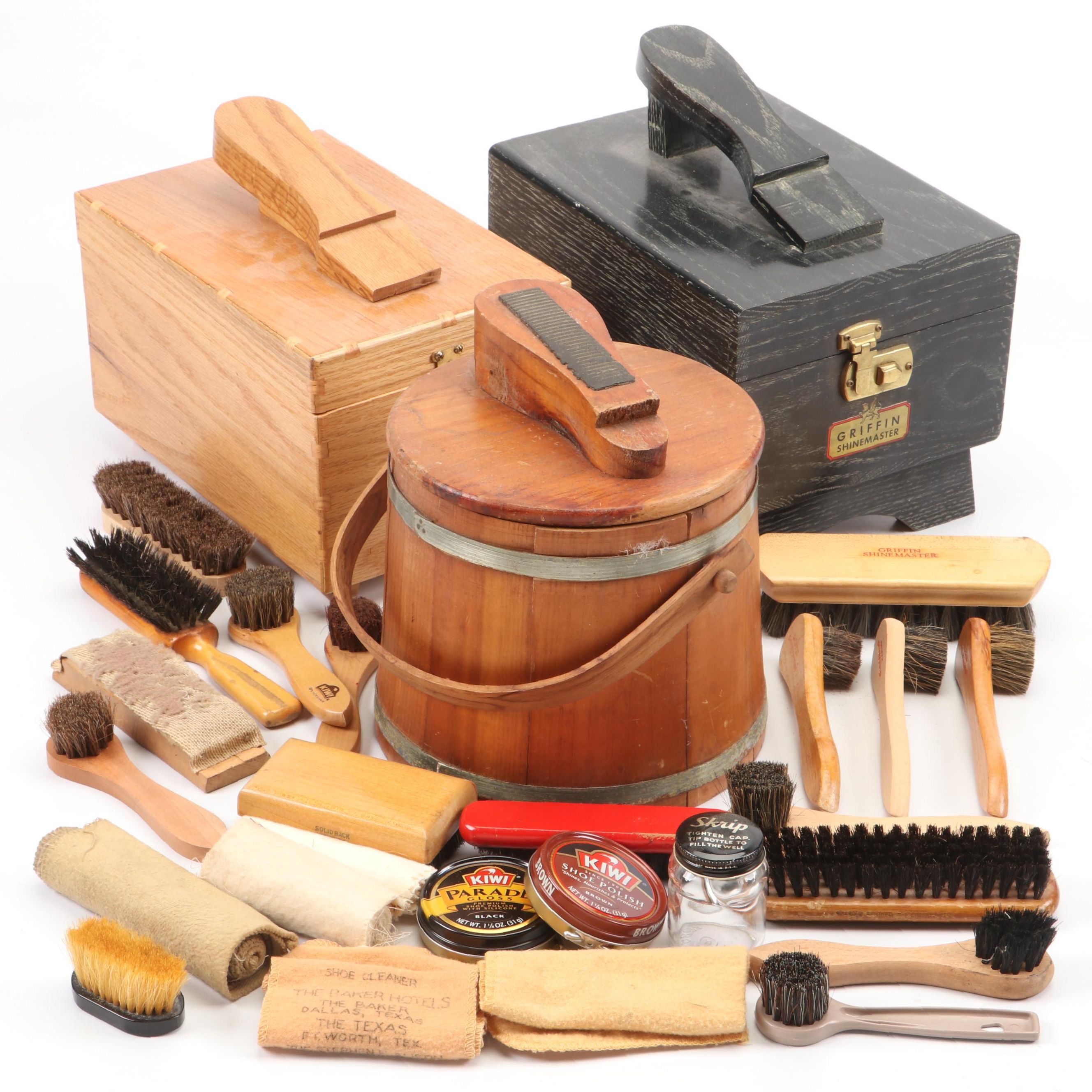 Griffin Shinemaster and Other Wooden Shoe Shine Kits Including Brushes and More