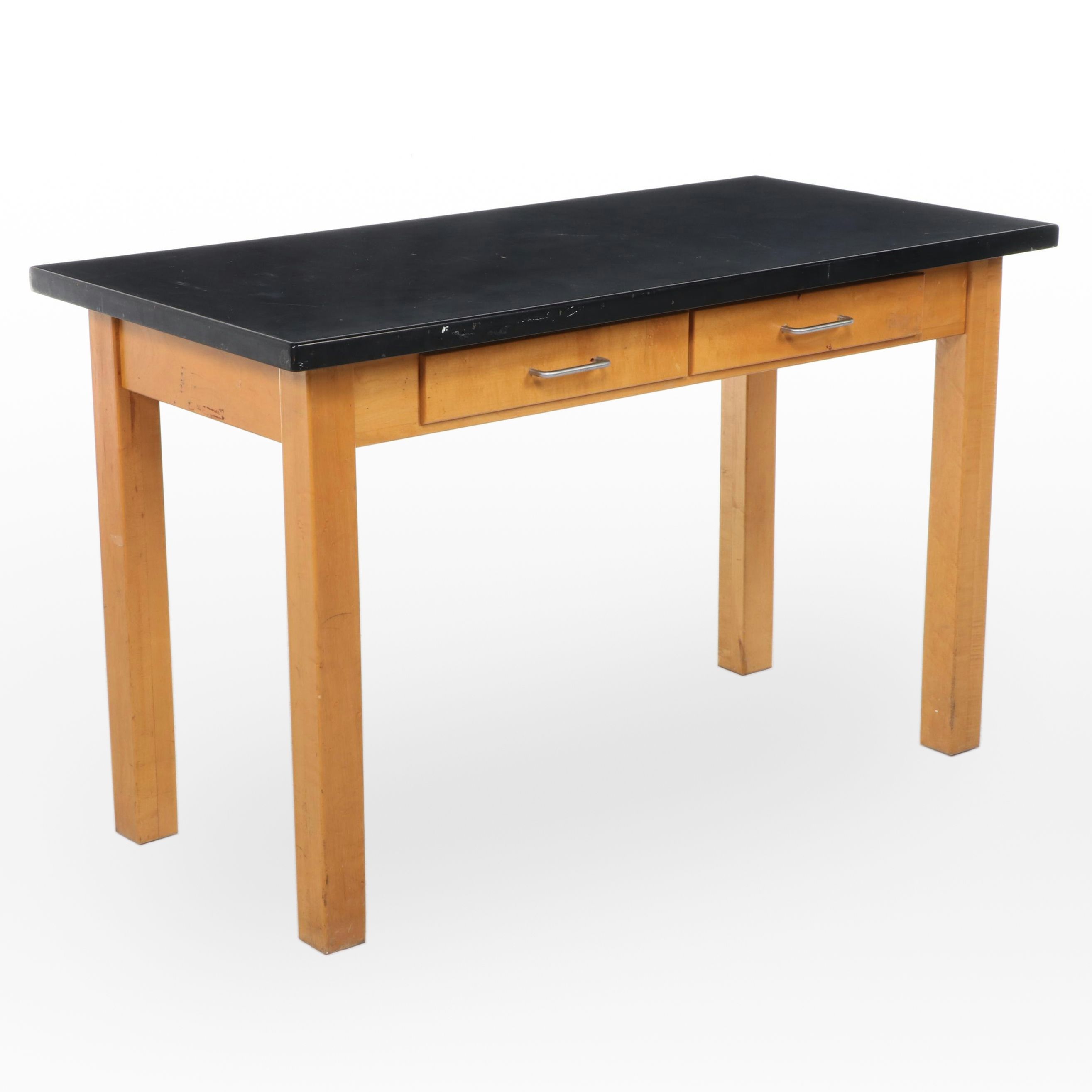 Figured Maple and Black Laminate Two-Drawer Work Table