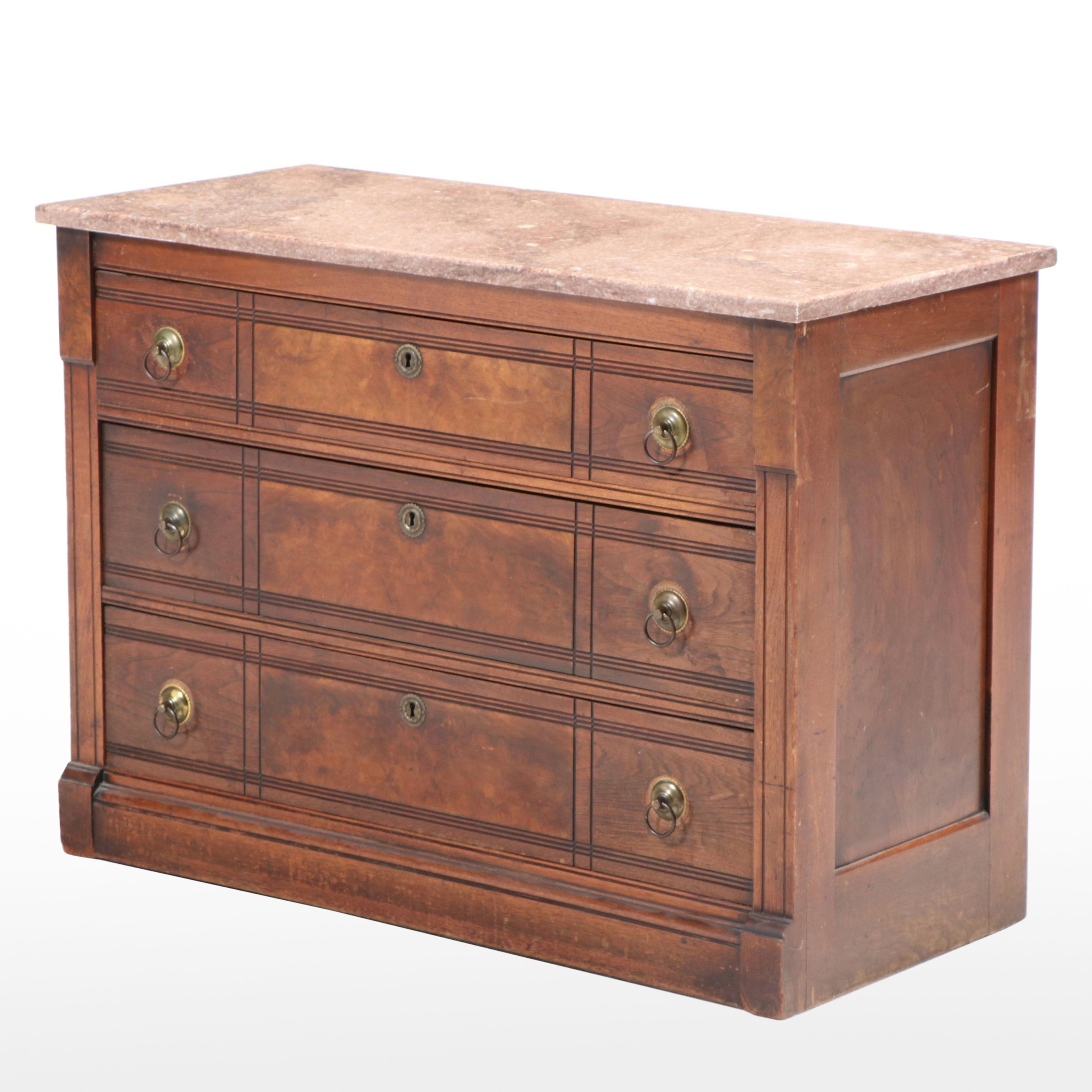 Victorian Walnut, Burl Walnut, and Marble Top Three-Drawer Chest