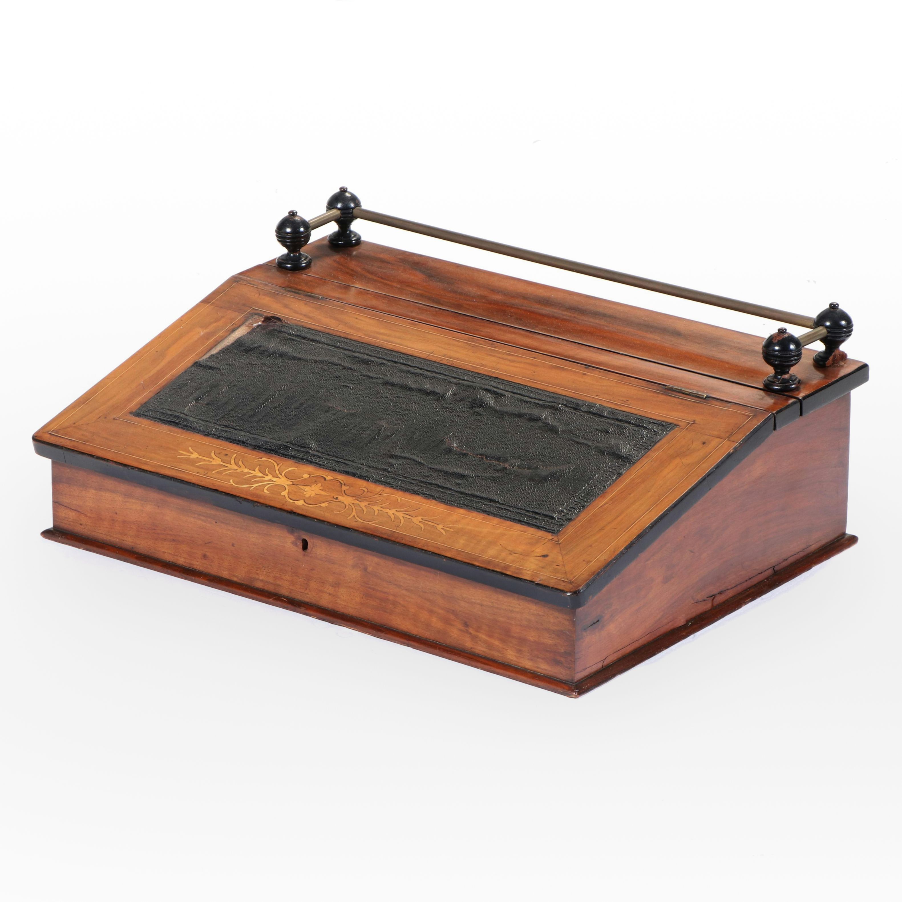 English Victorian Inlaid Wooden Writing Slope, Mid to Late 19th Century