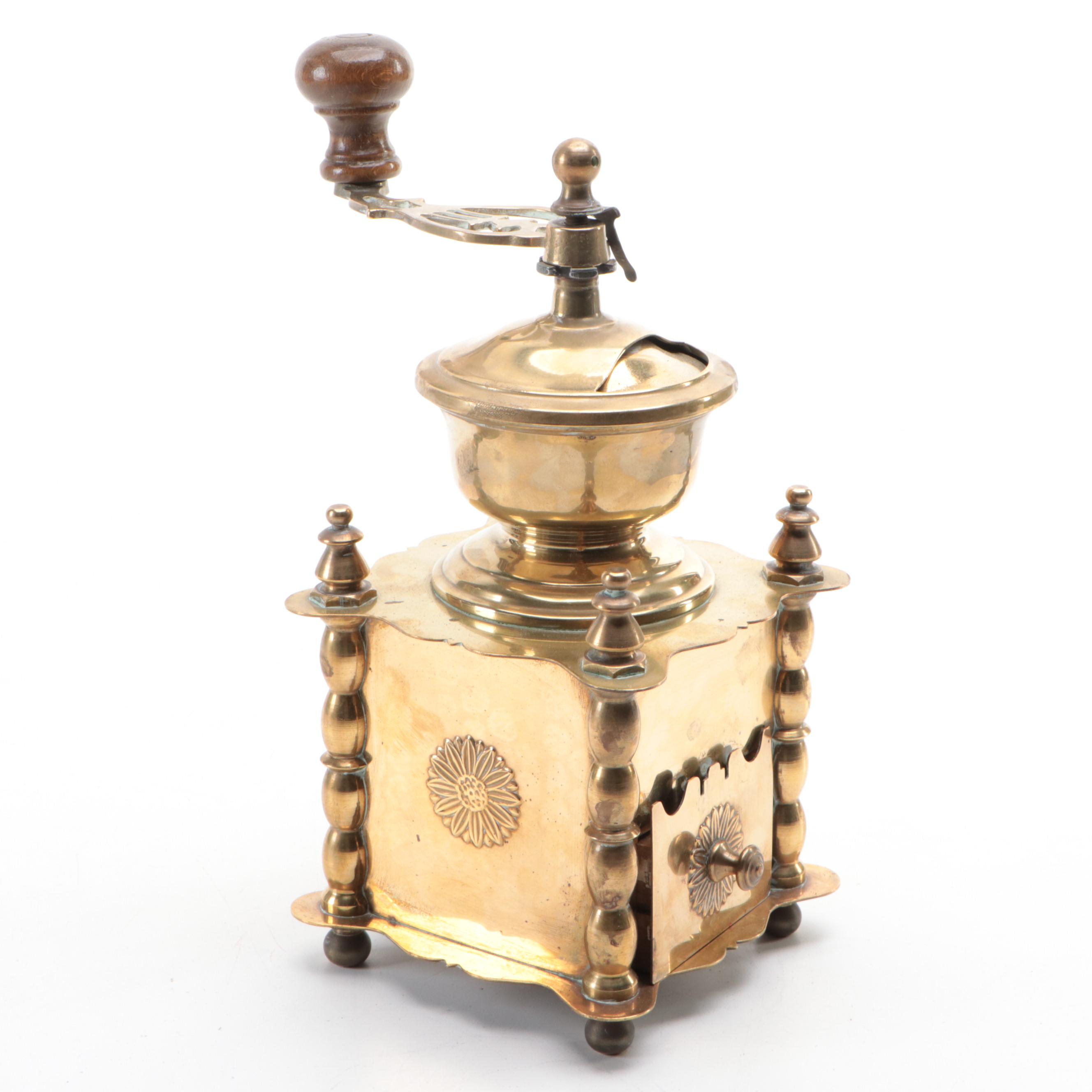 Brass and Wood Coffee Grinder with Sunflower Motif, Vintage EBTH