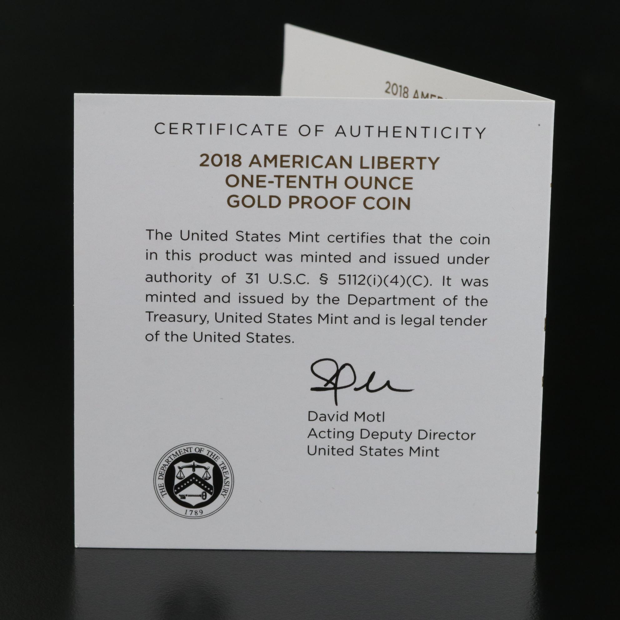 2018-W One-Tenth Ounce Gold American Liberty Proof Coin