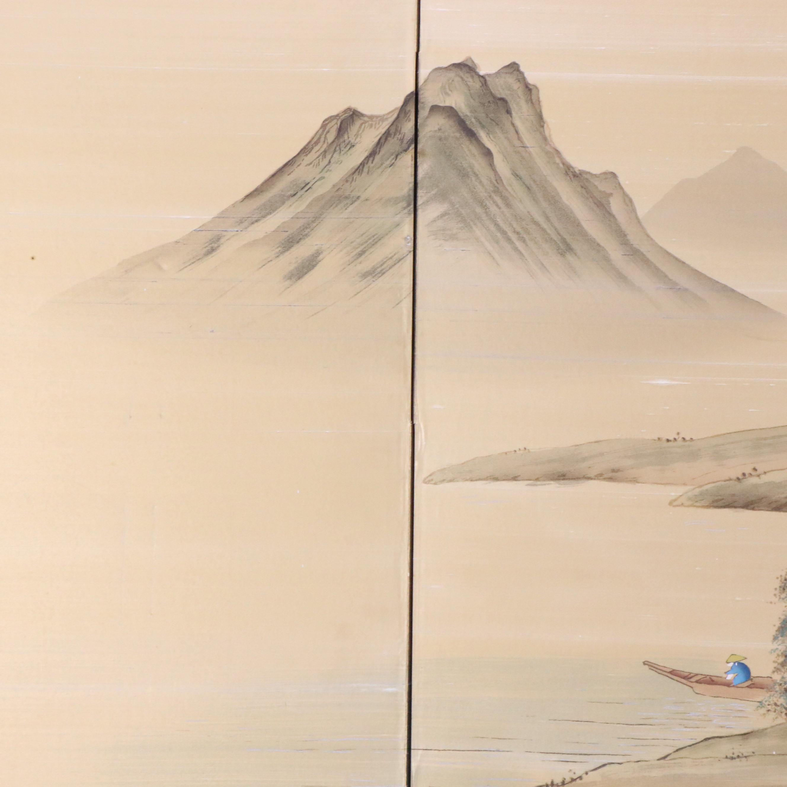 Chinese Hand-Painted on Silk Four-Panel Folding Half-Screen
