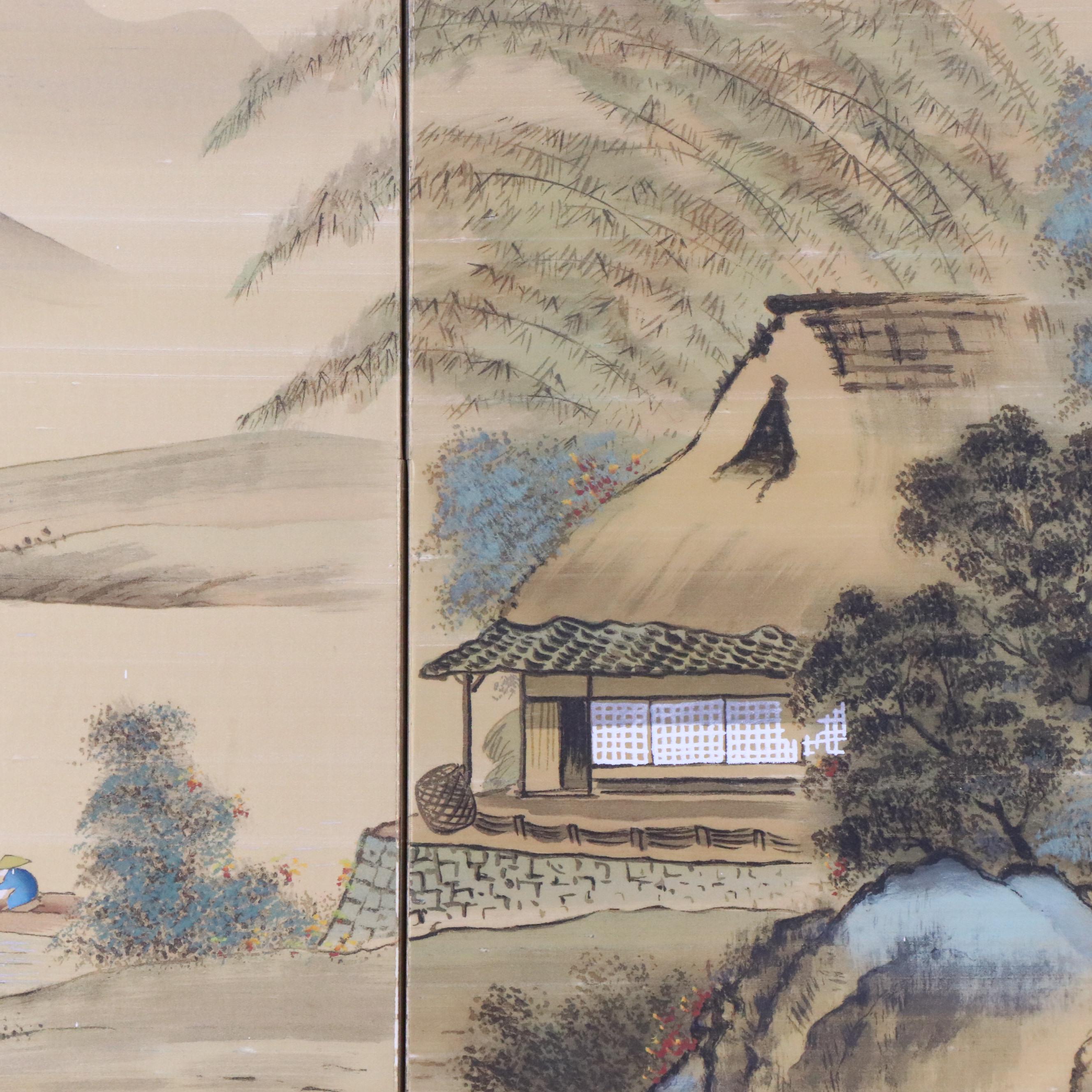 Chinese Hand-Painted on Silk Four-Panel Folding Half-Screen