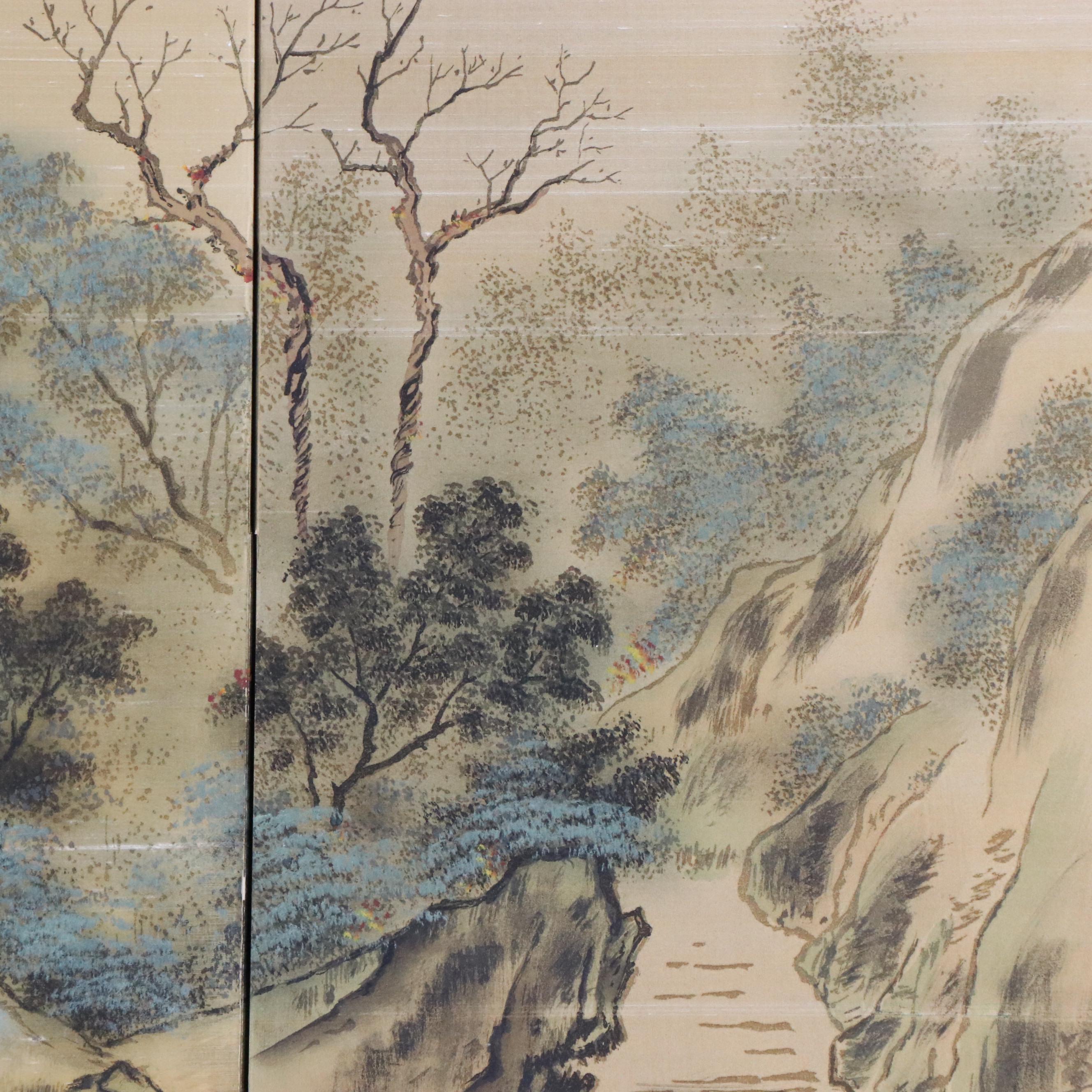 Chinese Hand-Painted on Silk Four-Panel Folding Half-Screen