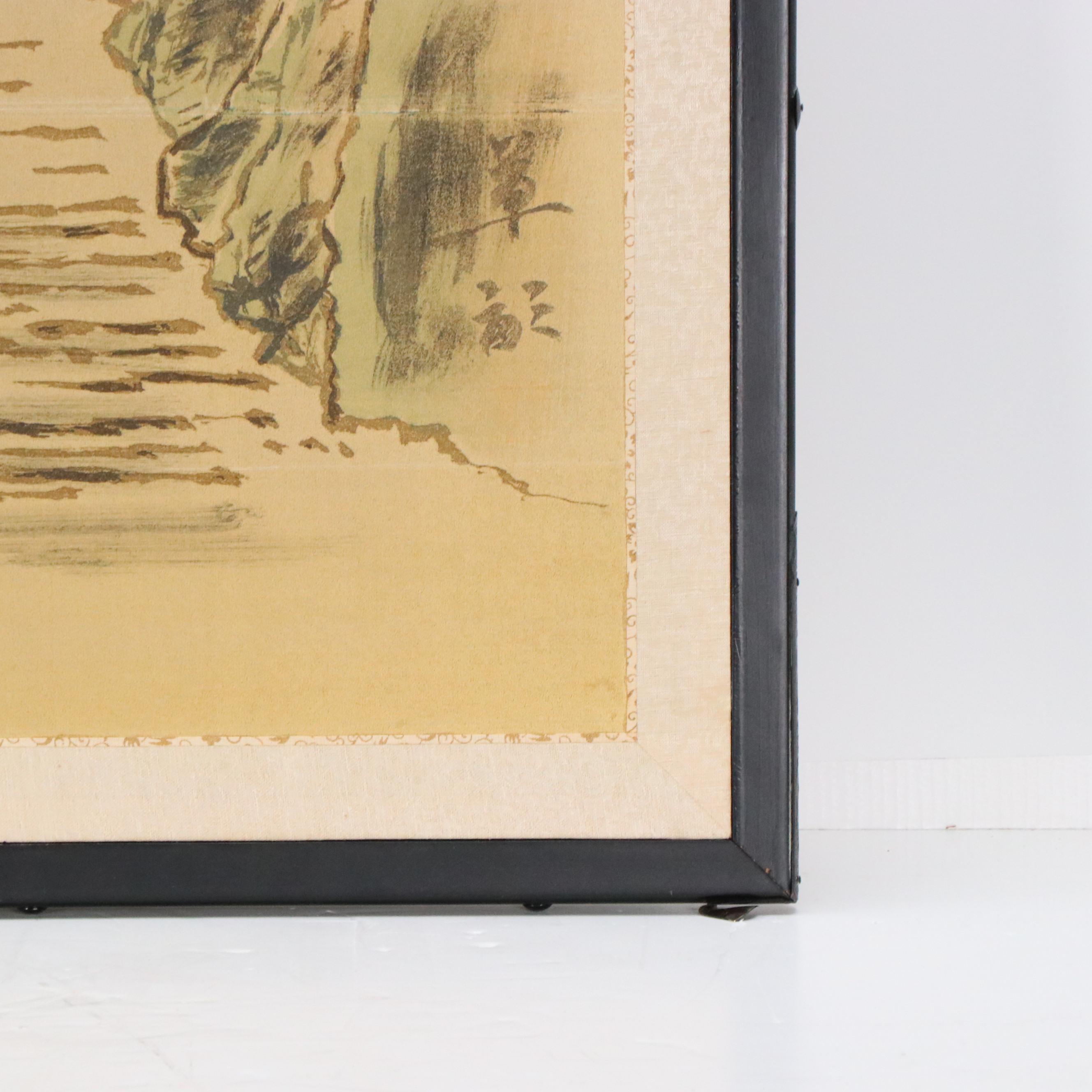 Chinese Hand-Painted on Silk Four-Panel Folding Half-Screen