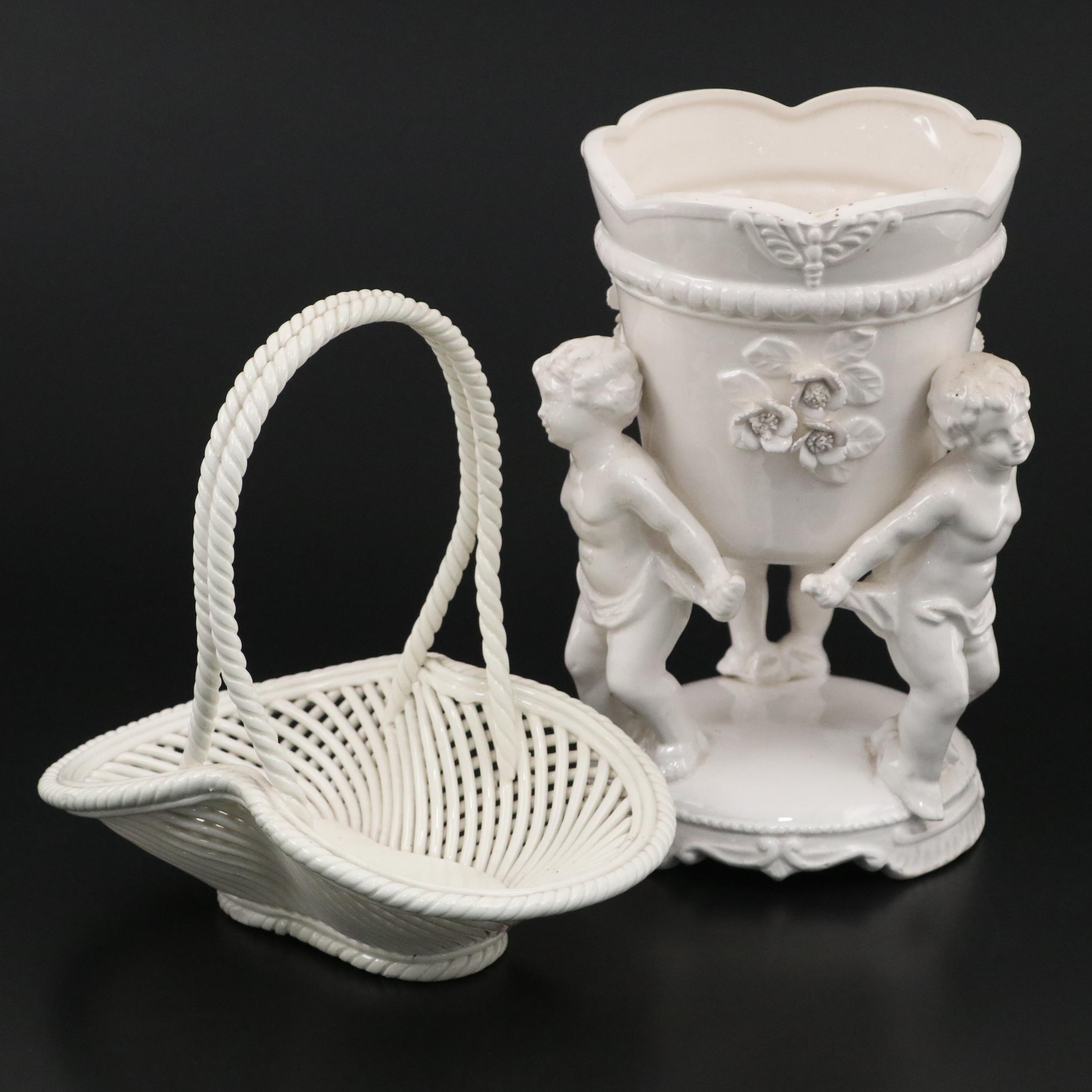 Italian Ceramic Lattice Basket with Other Blanc de Chine Figural Jardiniere