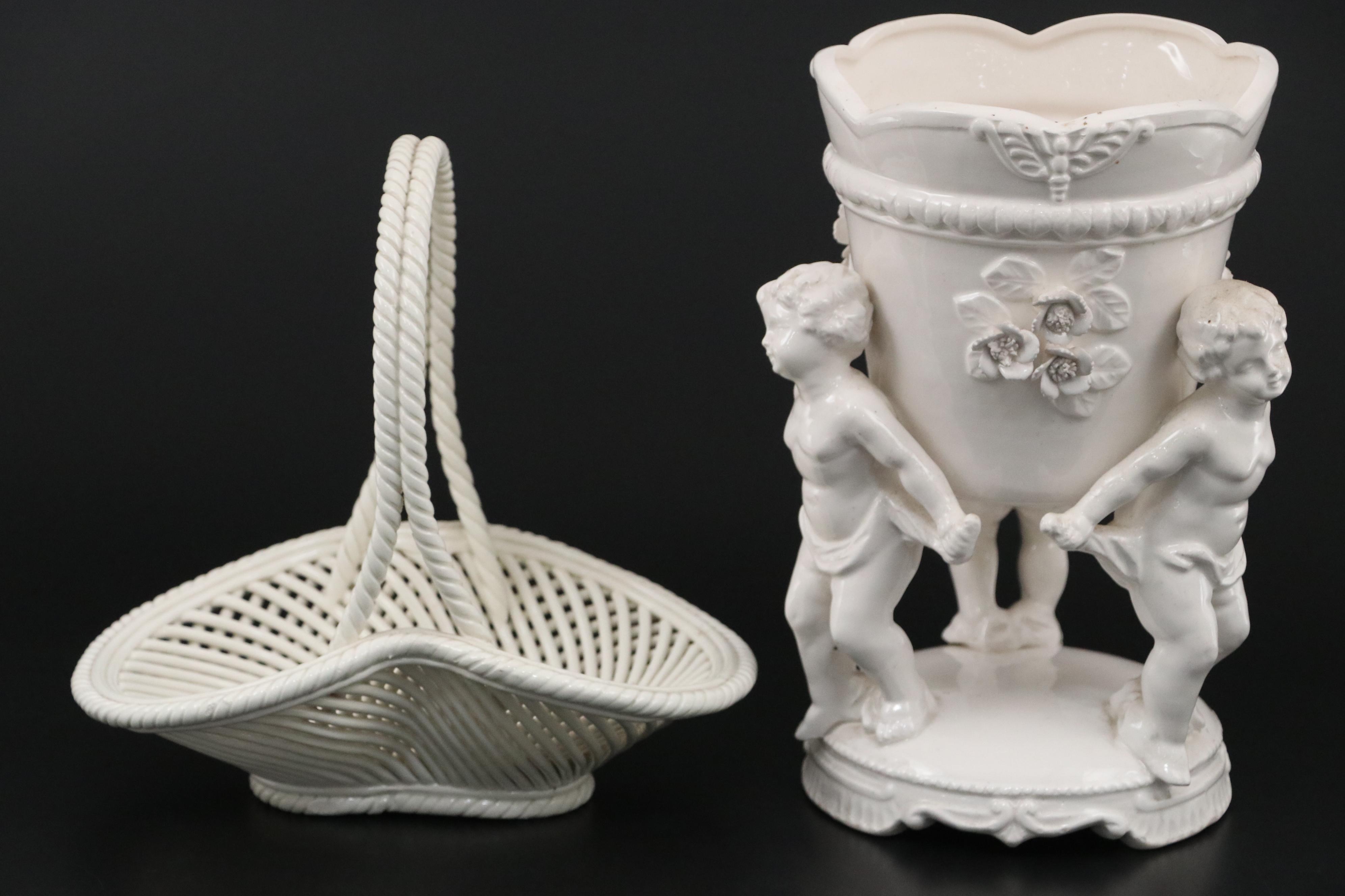 Italian Ceramic Lattice Basket with Other Blanc de Chine Figural Jardiniere