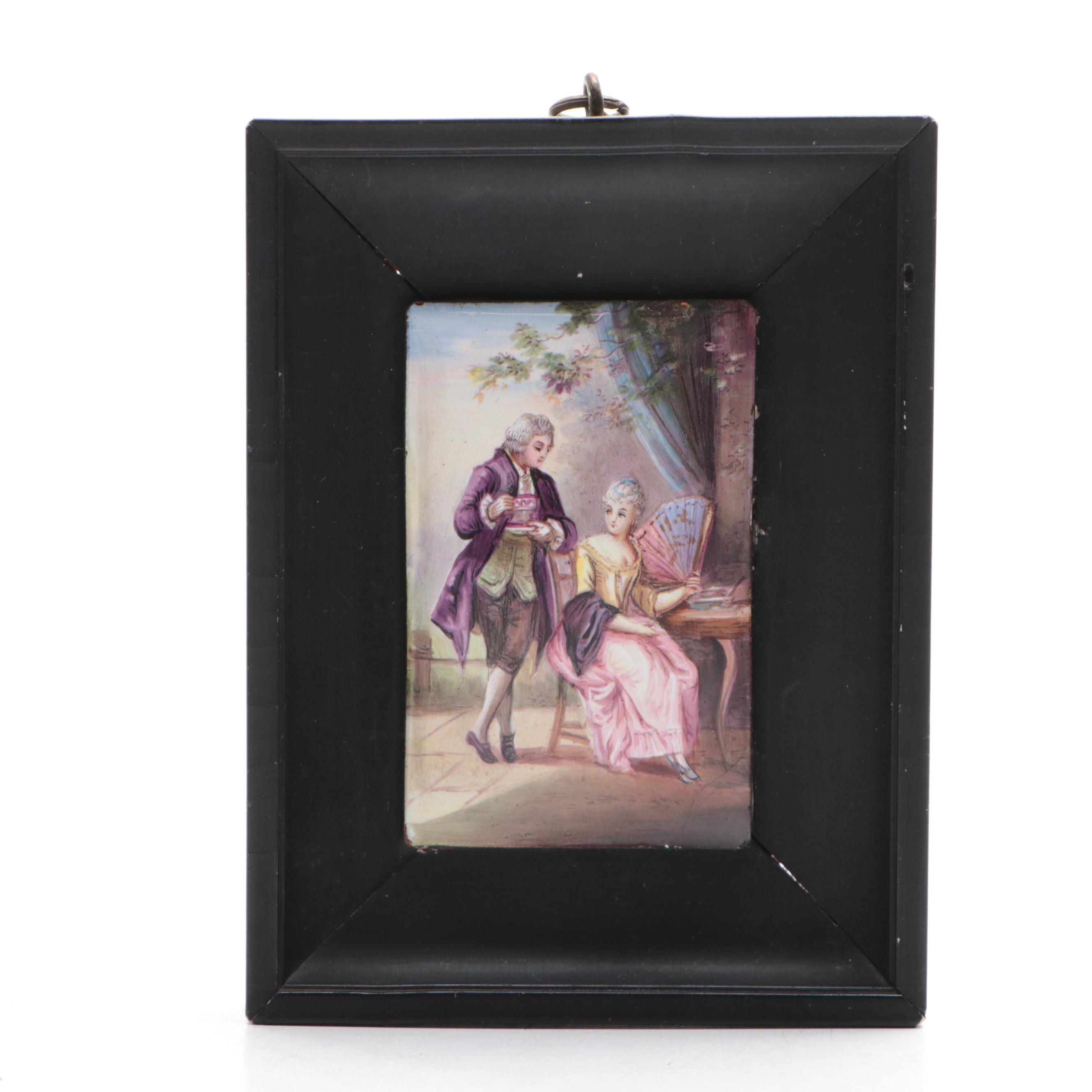 Pair of Framed French Hand-Painted Enameled Metal Plaques