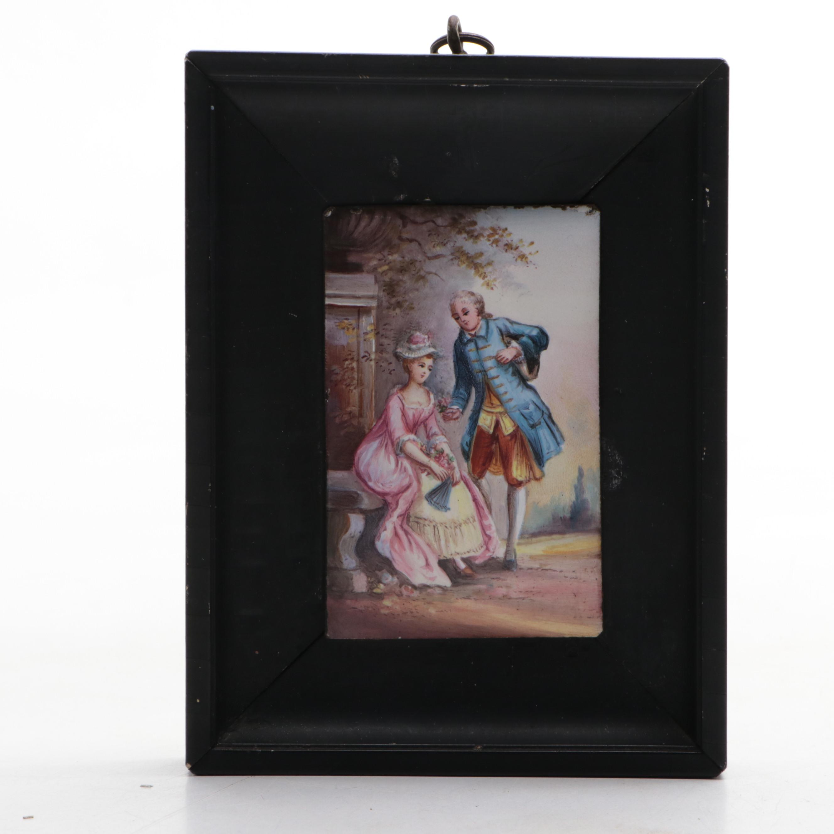 Pair of Framed French Hand-Painted Enameled Metal Plaques