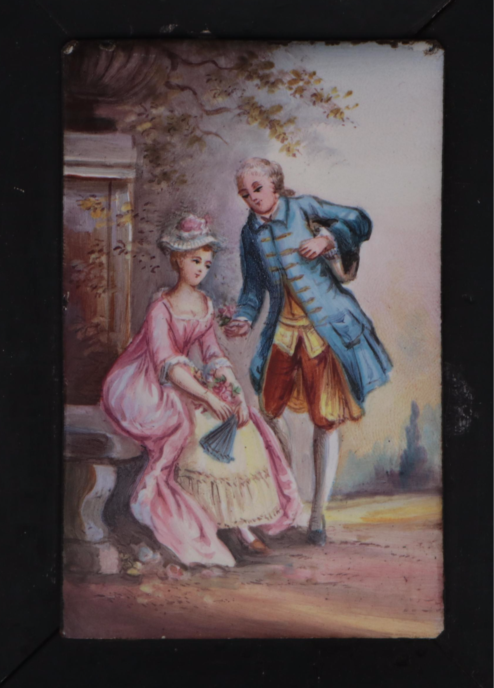 Pair of Framed French Hand-Painted Enameled Metal Plaques