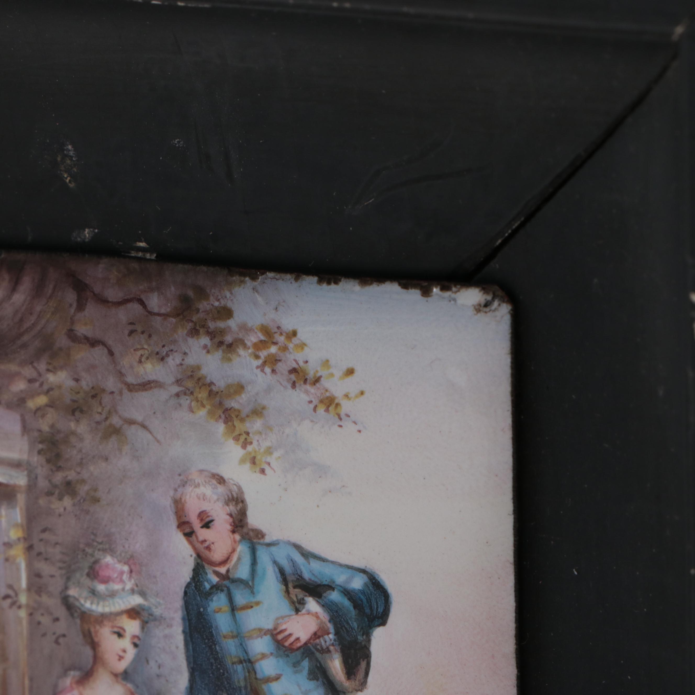 Pair of Framed French Hand-Painted Enameled Metal Plaques