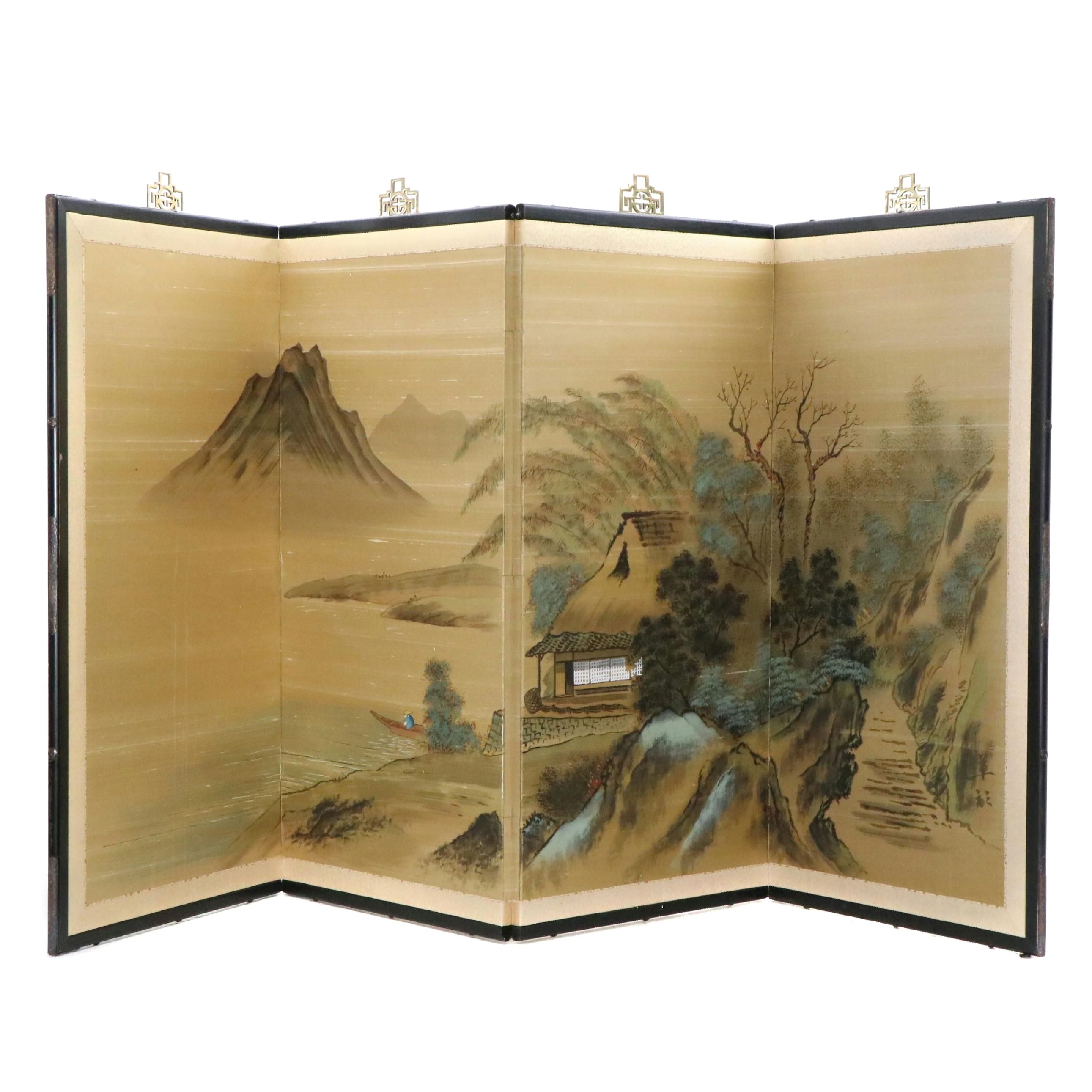 Chinese Hand-Painted on Silk Four-Panel Folding Half-Screen