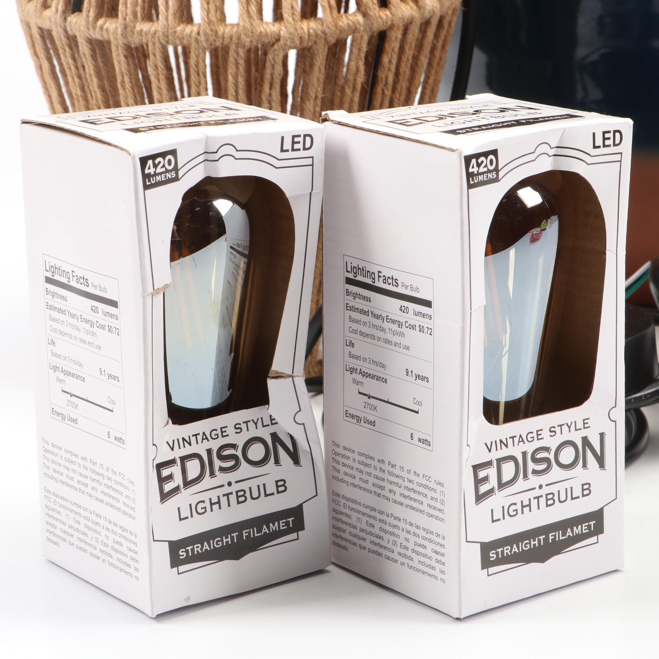 Blue Glazed Dipped Table Lamp with Rope Pendant Lights and Edison Light Bulbs