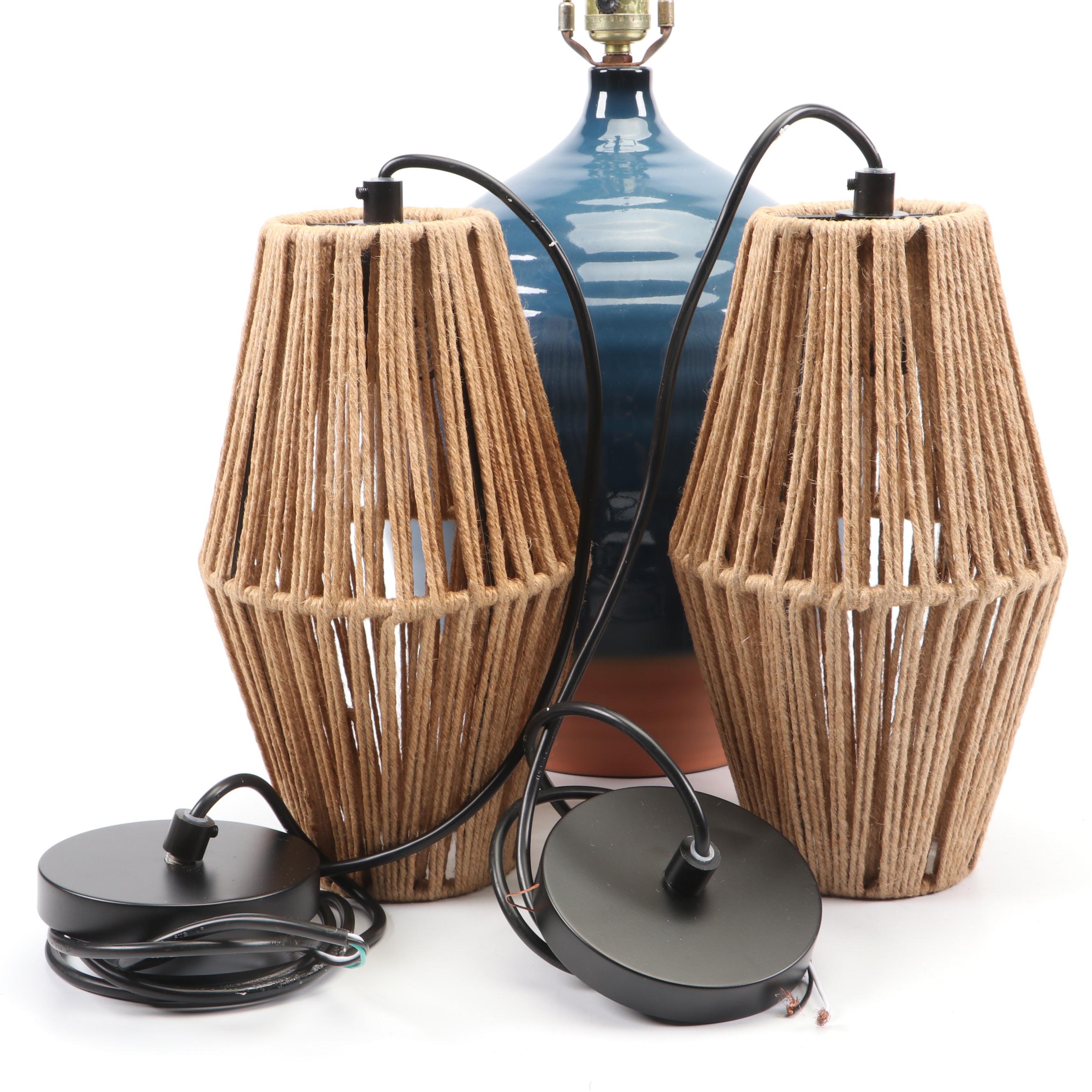 Blue Glazed Dipped Table Lamp with Rope Pendant Lights and Edison Light Bulbs