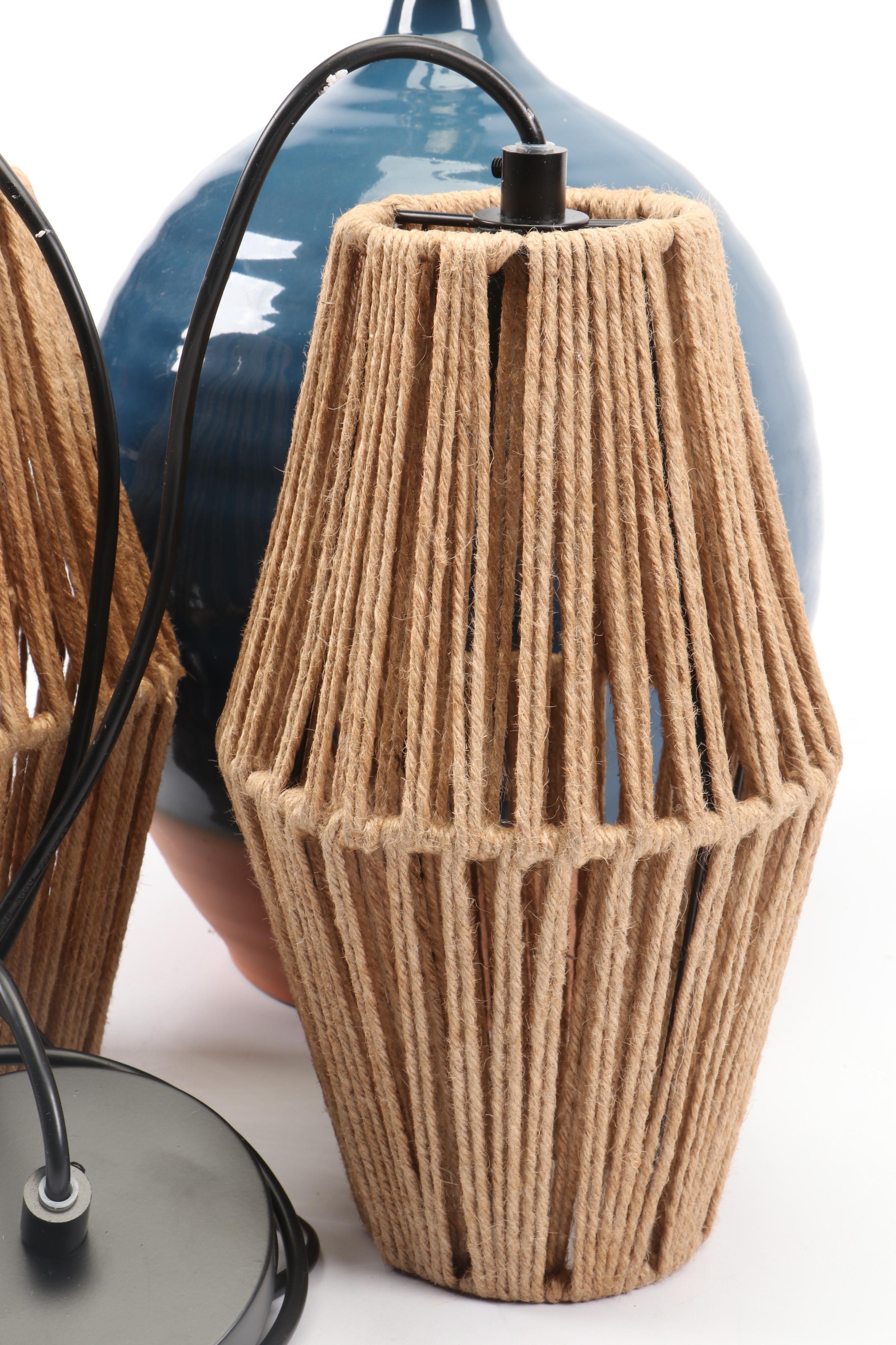 Blue Glazed Dipped Table Lamp with Rope Pendant Lights and Edison Light Bulbs