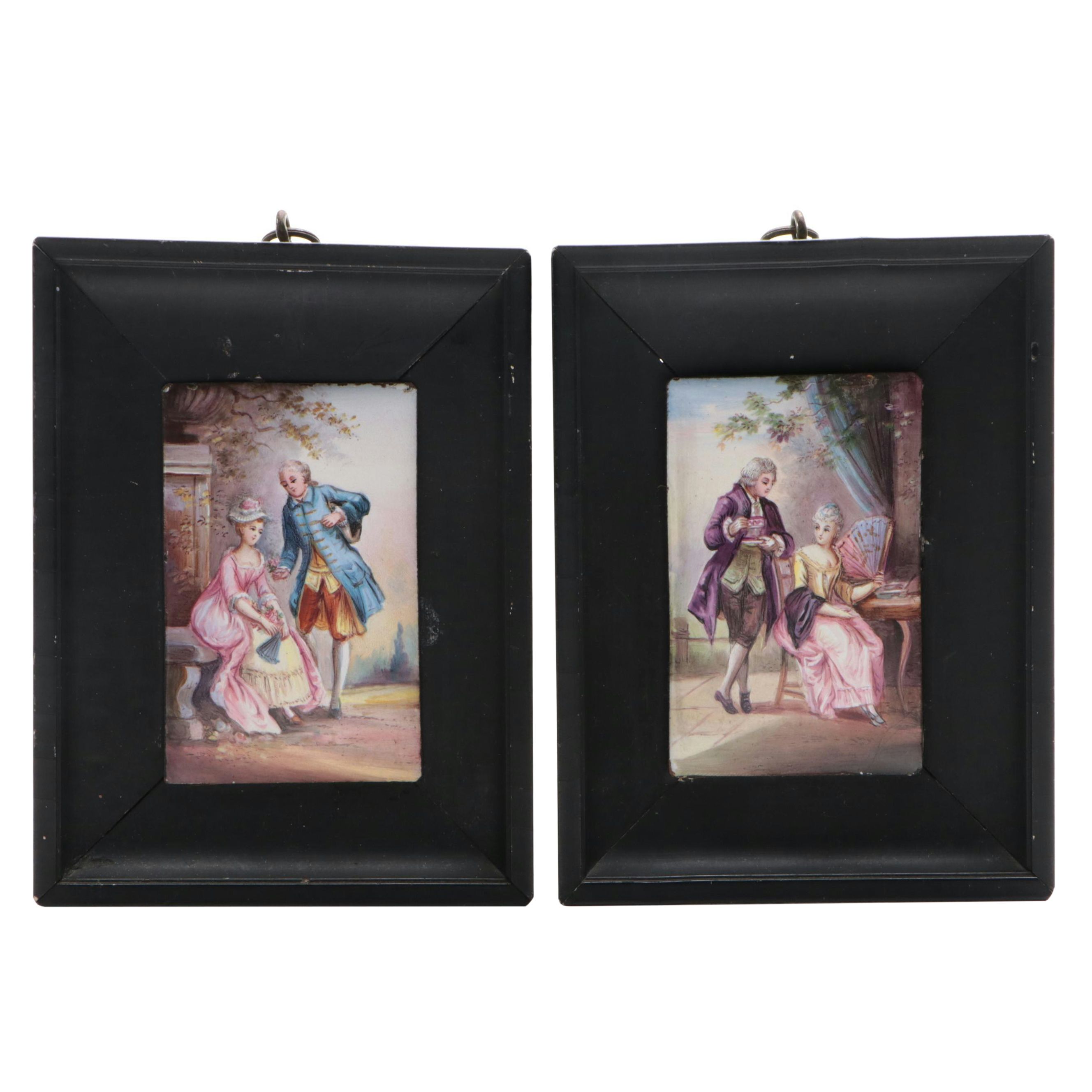 Pair of Framed French Hand-Painted Enameled Metal Plaques
