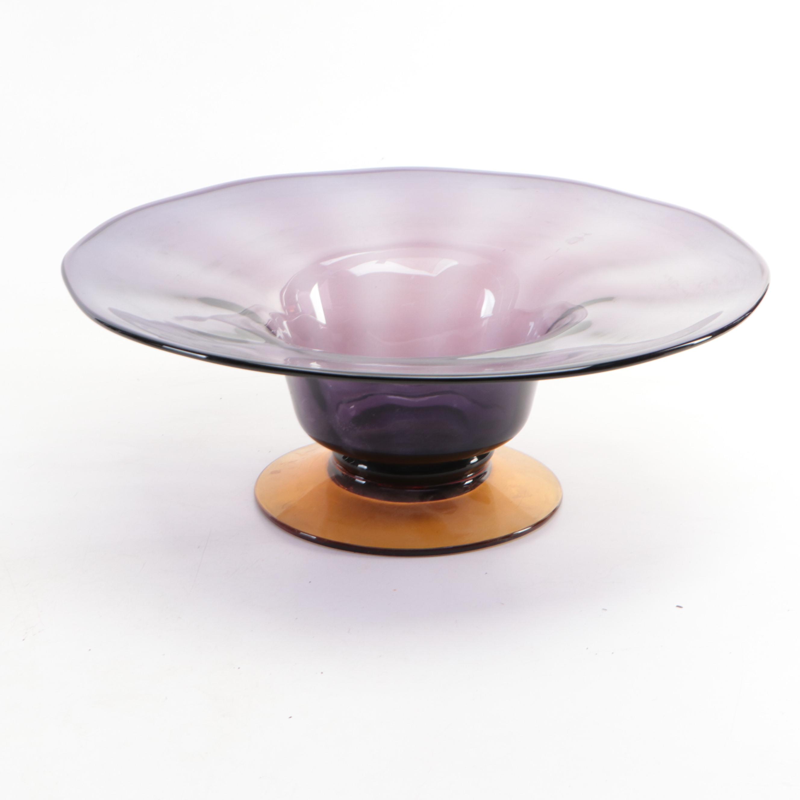 Art Glass Wide Rim Footed Bowl/Vase and Circular Spiral Metal Candle Holder