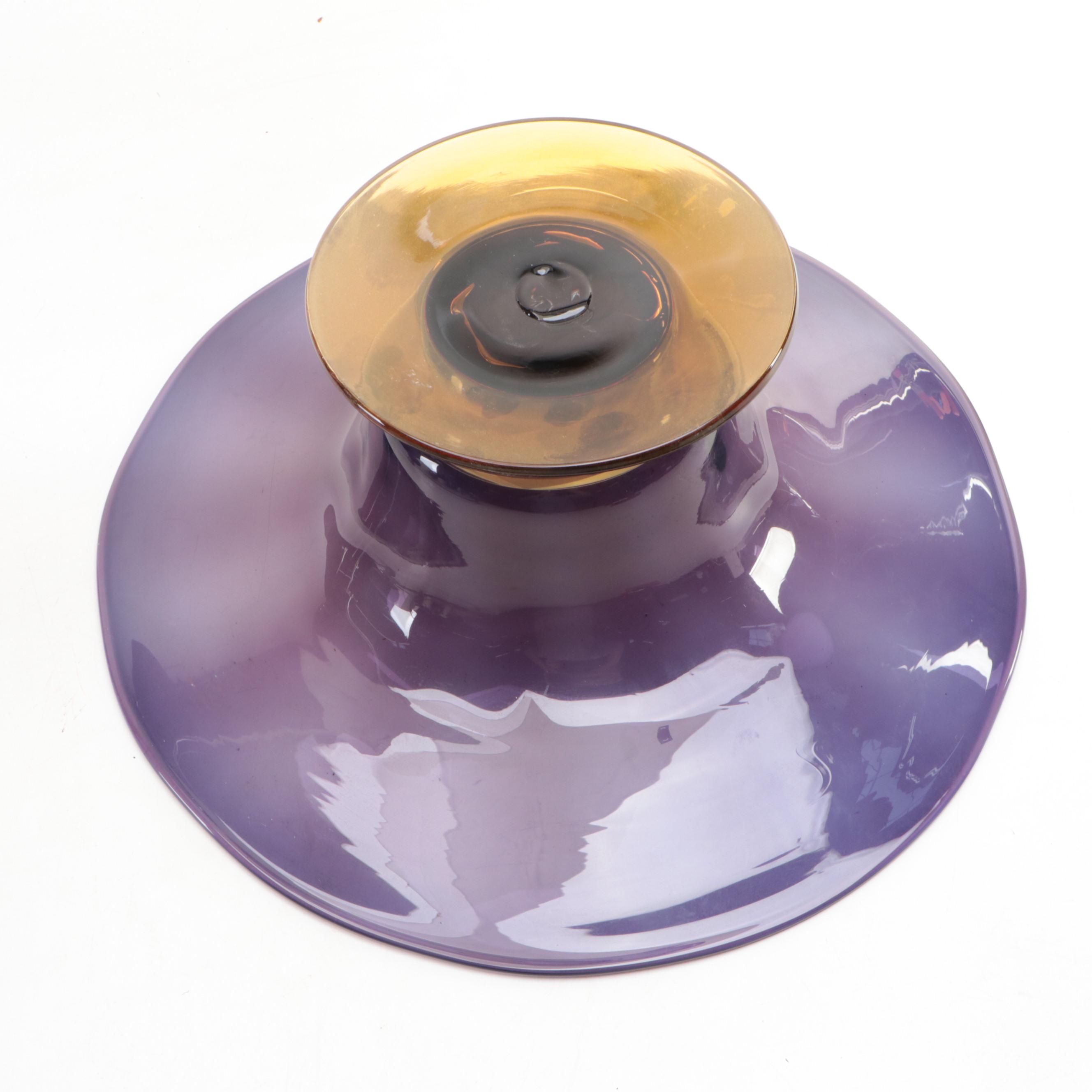 Art Glass Wide Rim Footed Bowl/Vase and Circular Spiral Metal Candle Holder