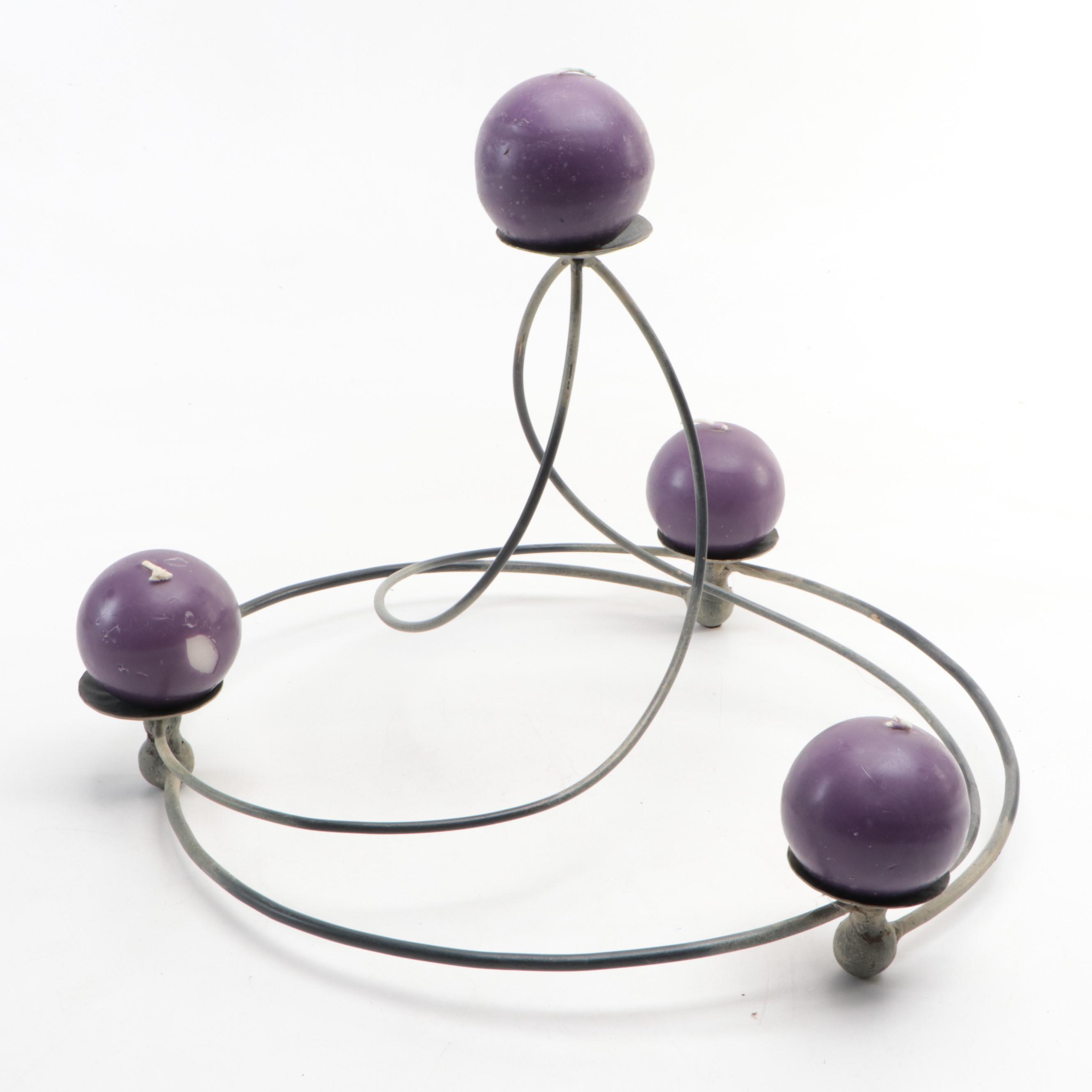 Art Glass Wide Rim Footed Bowl/Vase and Circular Spiral Metal Candle Holder