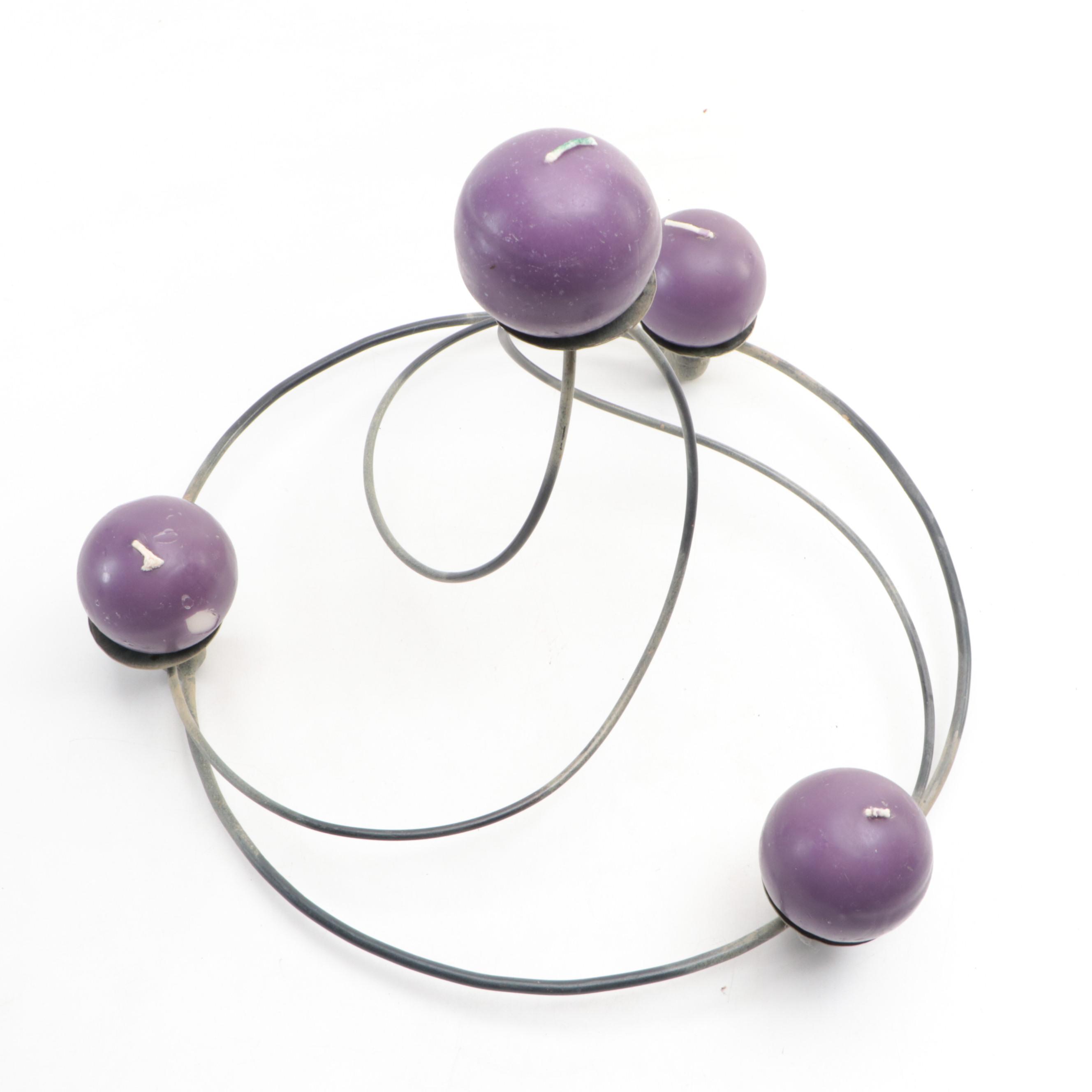 Art Glass Wide Rim Footed Bowl/Vase and Circular Spiral Metal Candle Holder