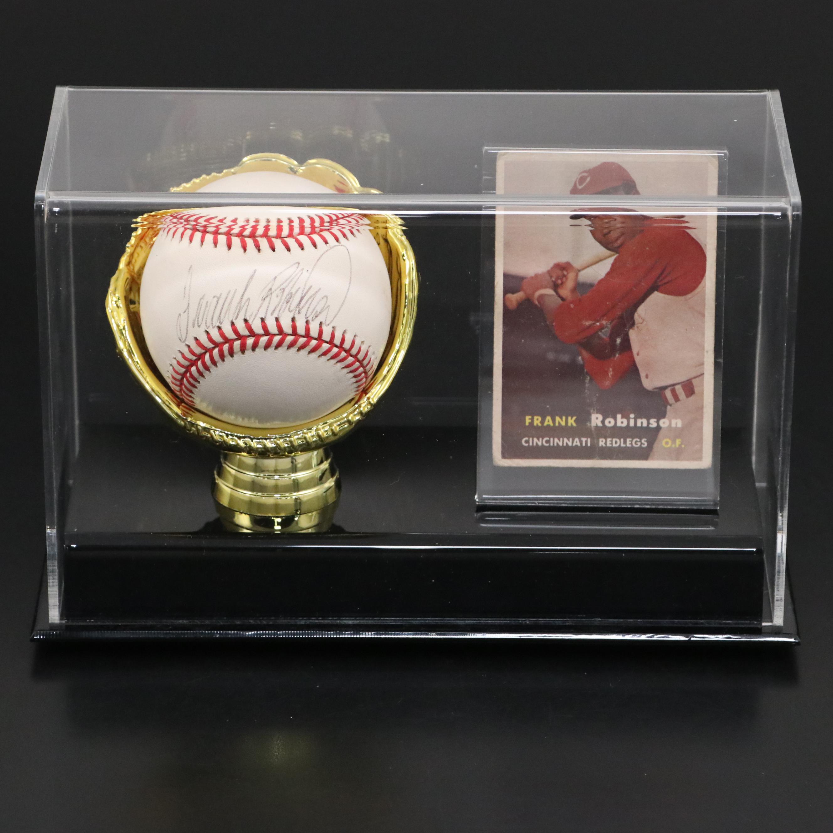 Frank Robinson Signed Baseball and Rookie Card Cincinnati Reds Display