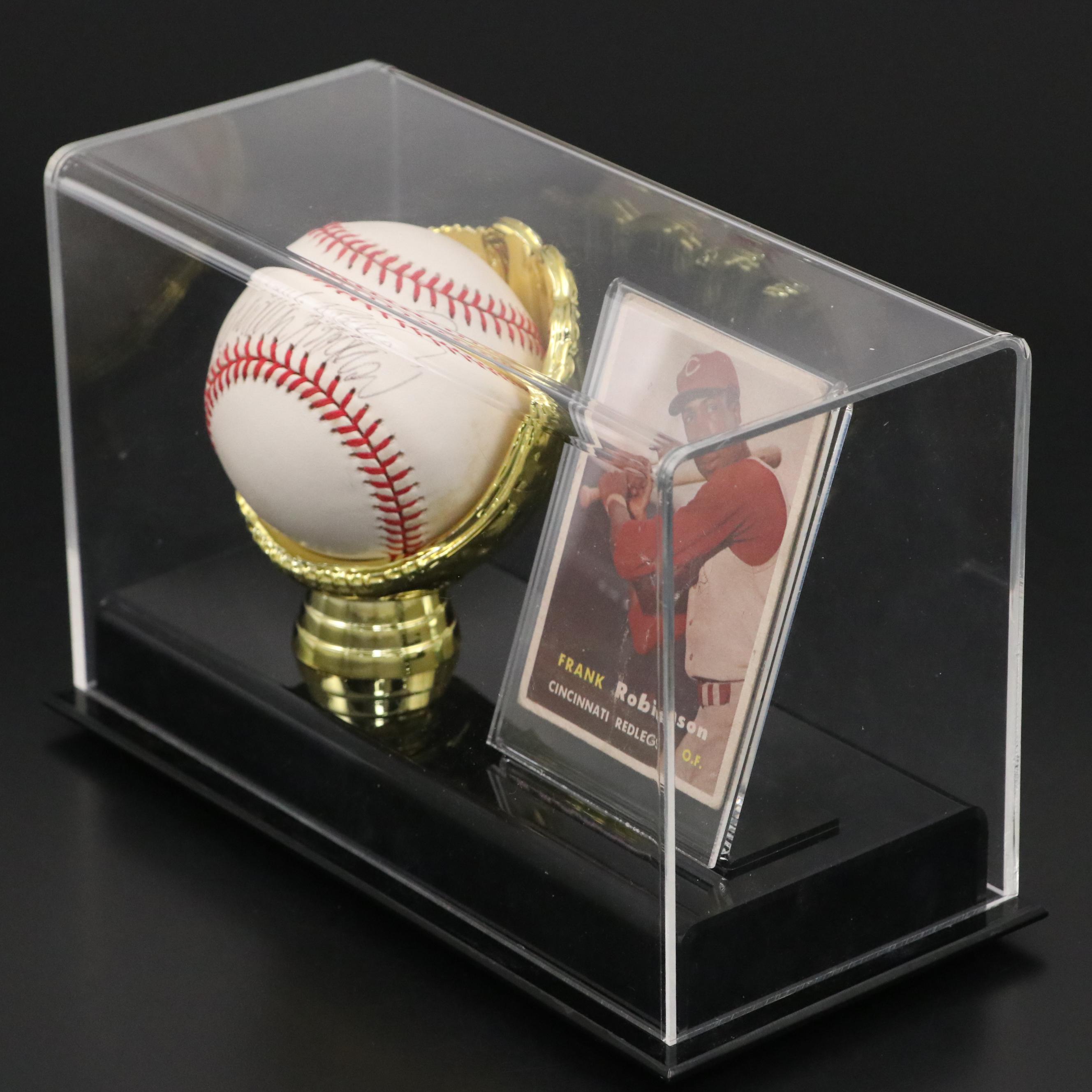 Frank Robinson Signed Baseball and Rookie Card Cincinnati Reds Display