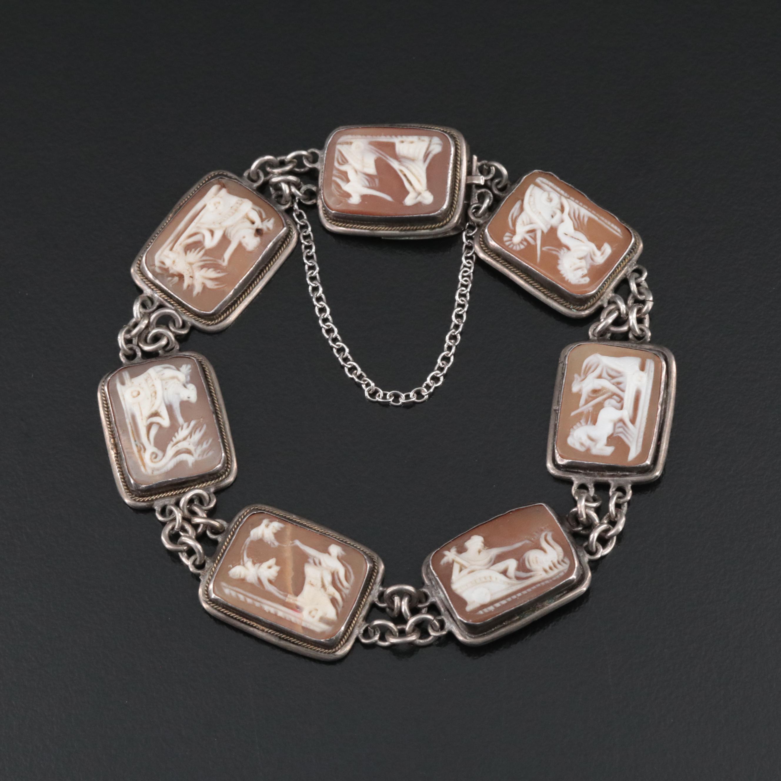 Art Deco Seven Day 900 Silver Shell Cameo Panel Bracelet