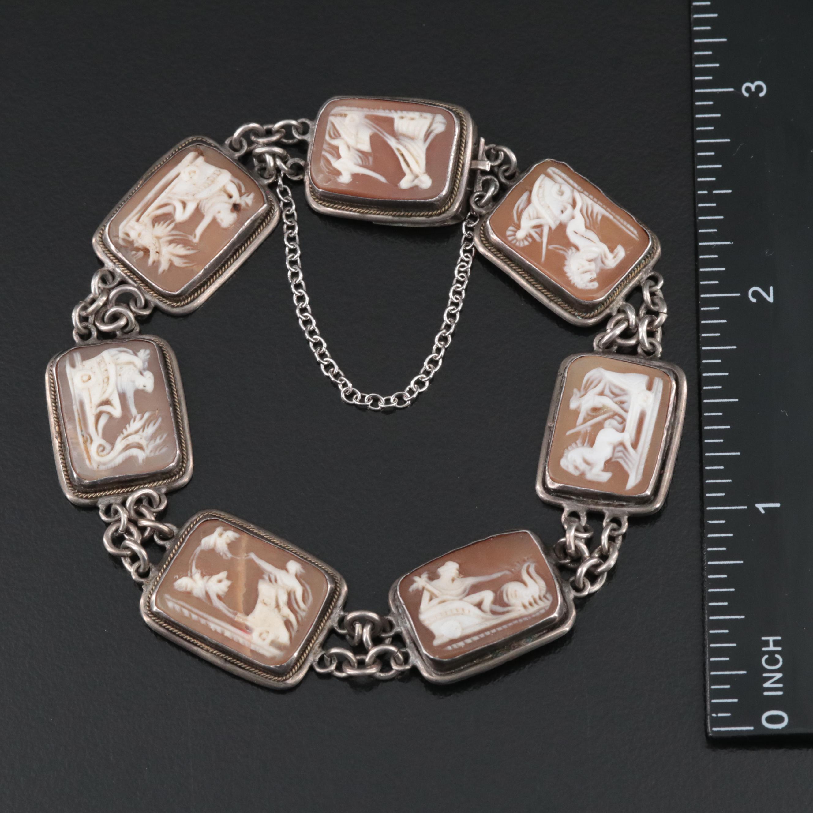 Art Deco Seven Day 900 Silver Shell Cameo Panel Bracelet