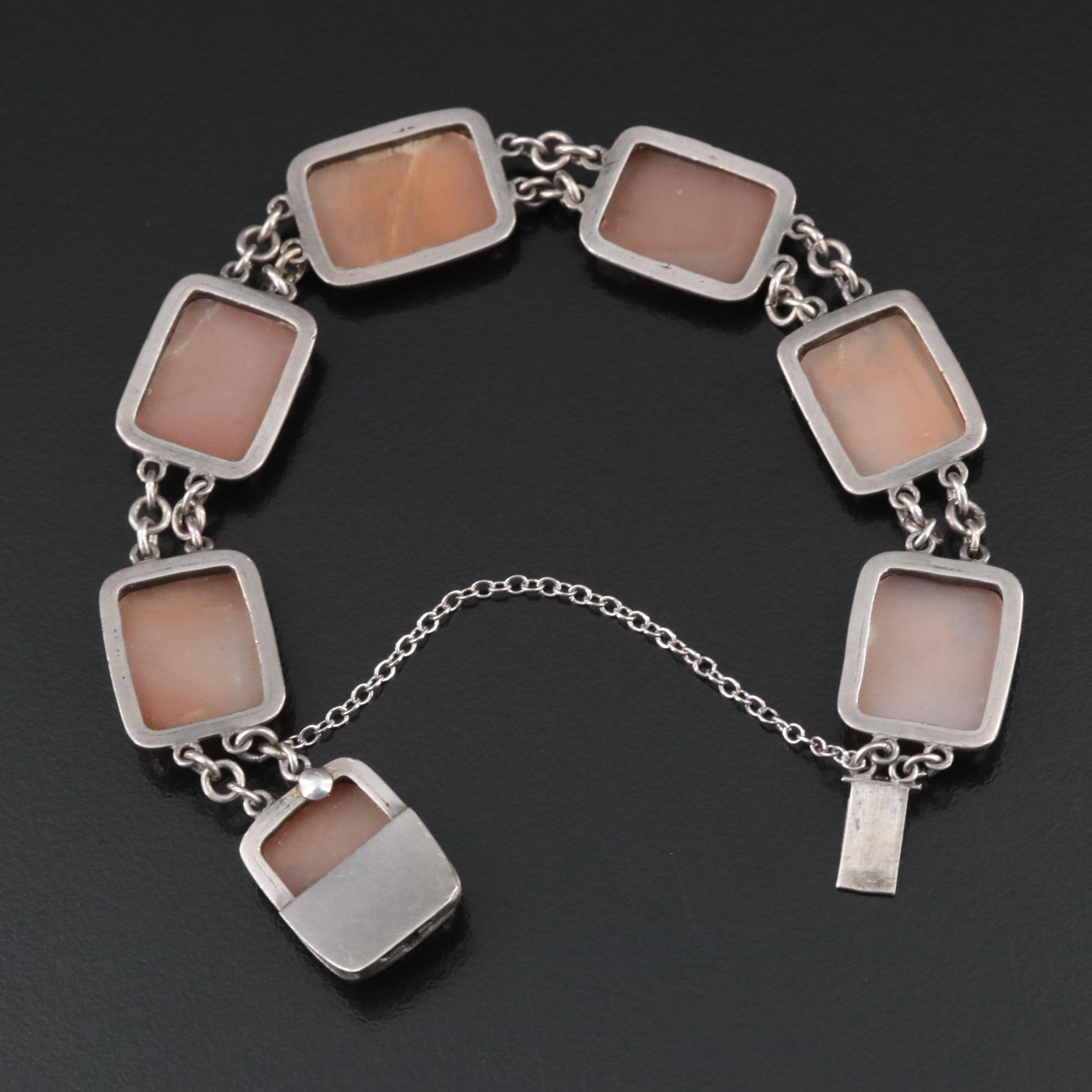Art Deco Seven Day 900 Silver Shell Cameo Panel Bracelet