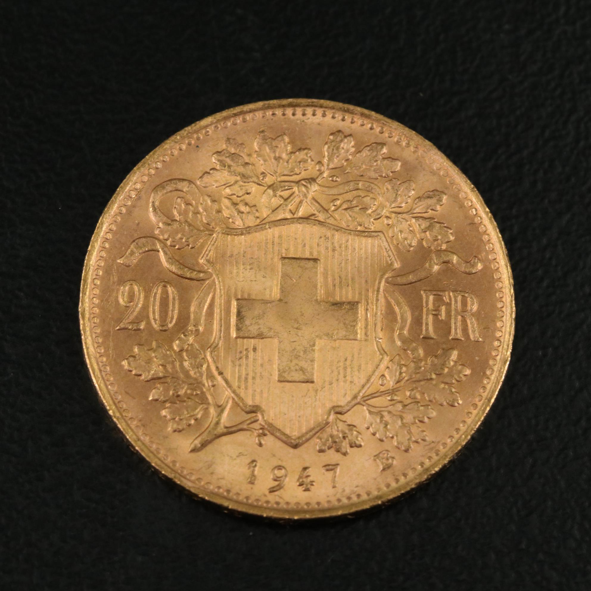 1947 Switzerland 20 Franc Gold Coin