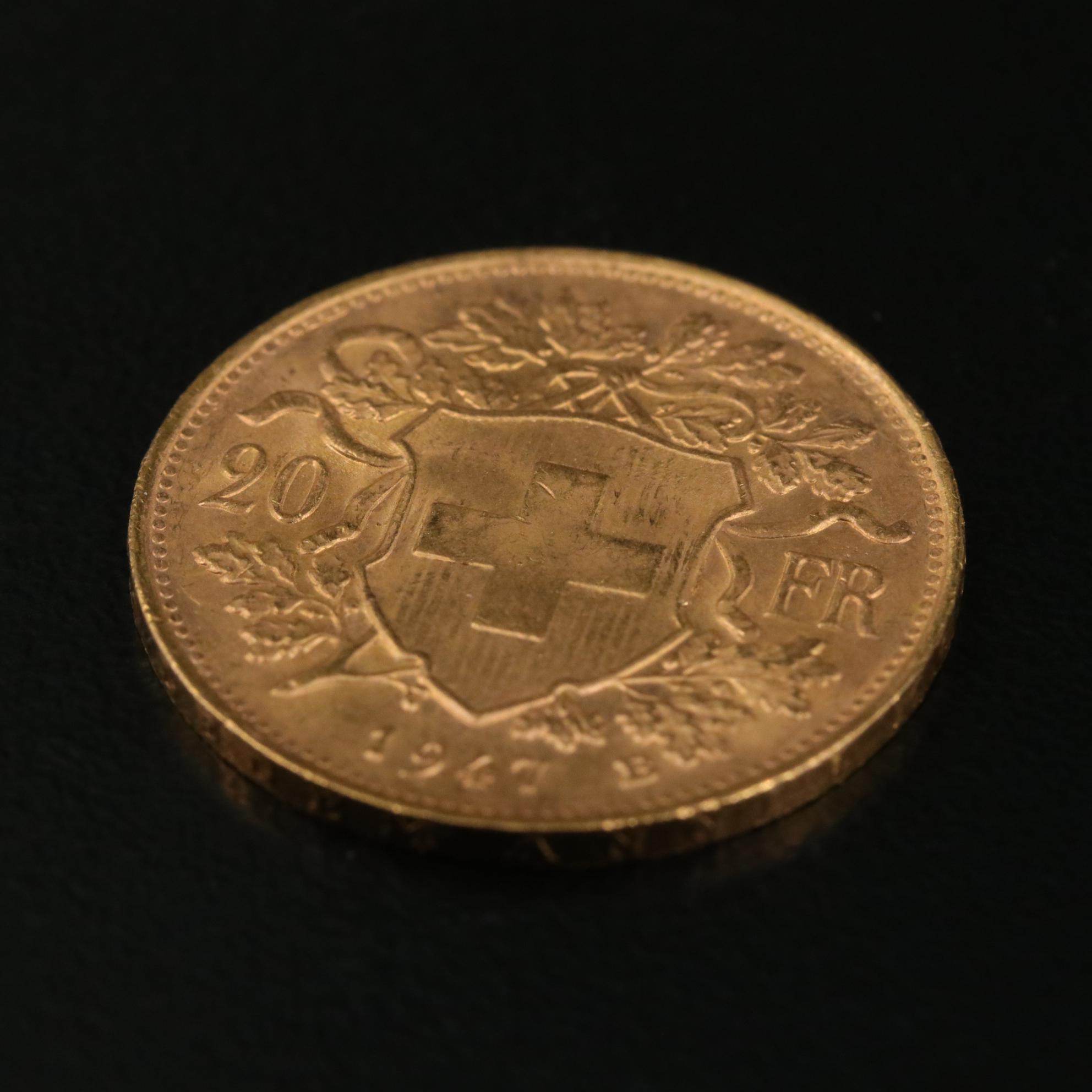 1947 Switzerland 20 Franc Gold Coin