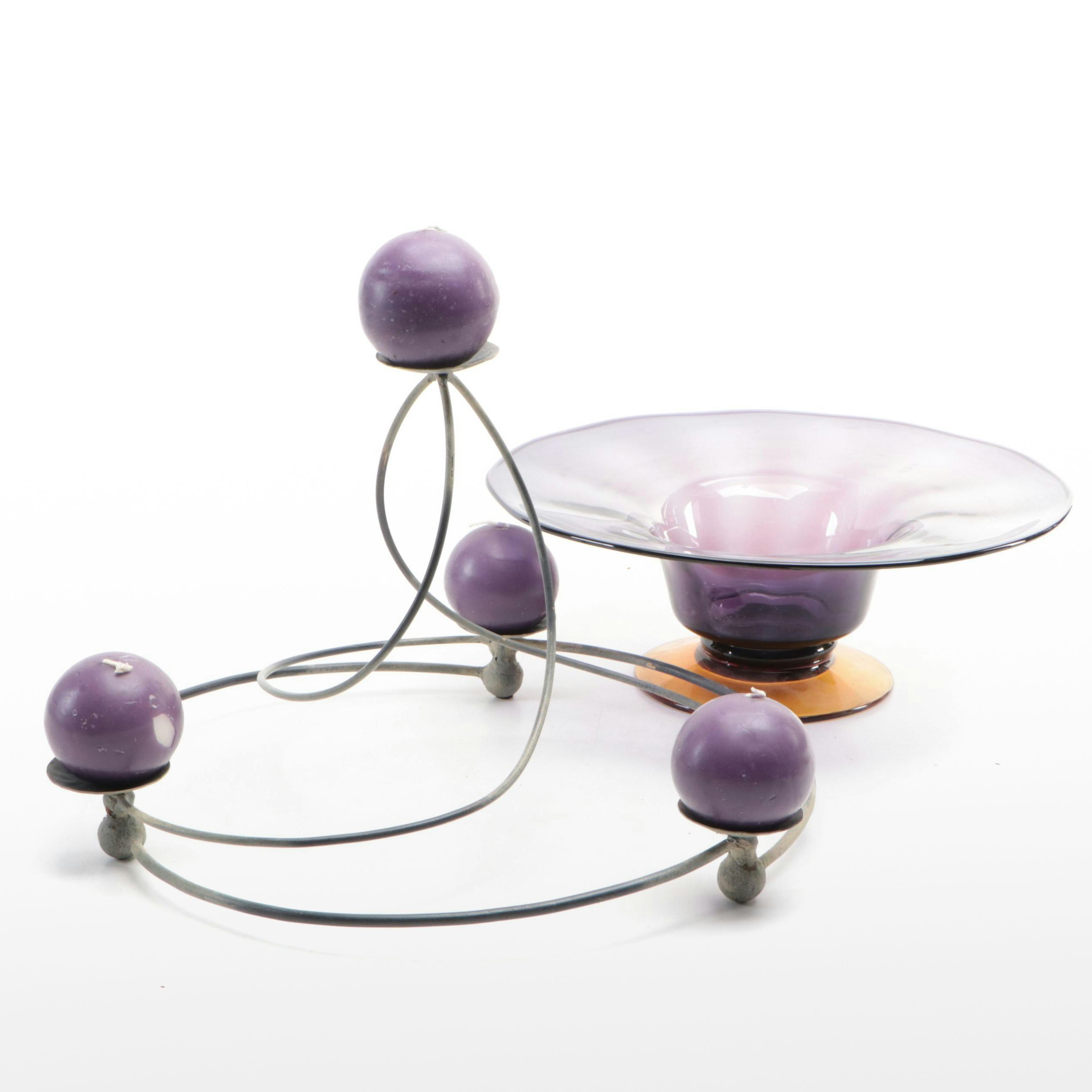 Art Glass Wide Rim Footed Bowl/Vase and Circular Spiral Metal Candle Holder